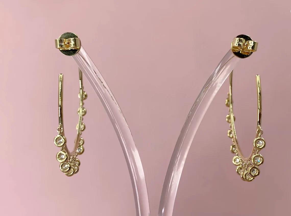 Round Cut Bezel Shaker 0.65 Total Carat Diamond Yellow Gold Dangle Hoop Earrings For Sale