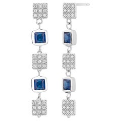 Bezel Shaped Square Sapphire and Square Diamond Discs Drop Dangle Earrings