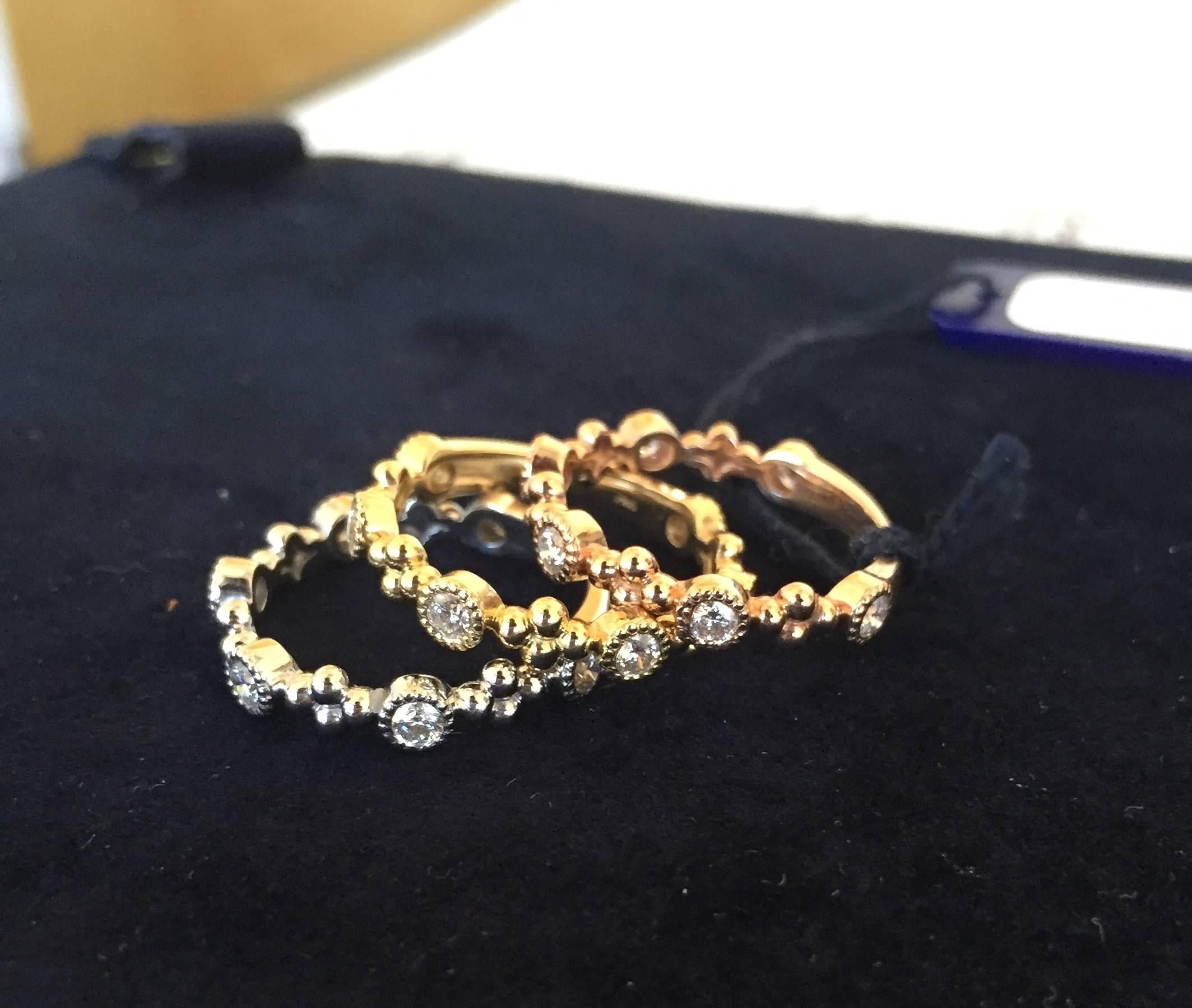 Round Cut 14K Bezel Stackable Rings White, Yellow, and Rose For Sale