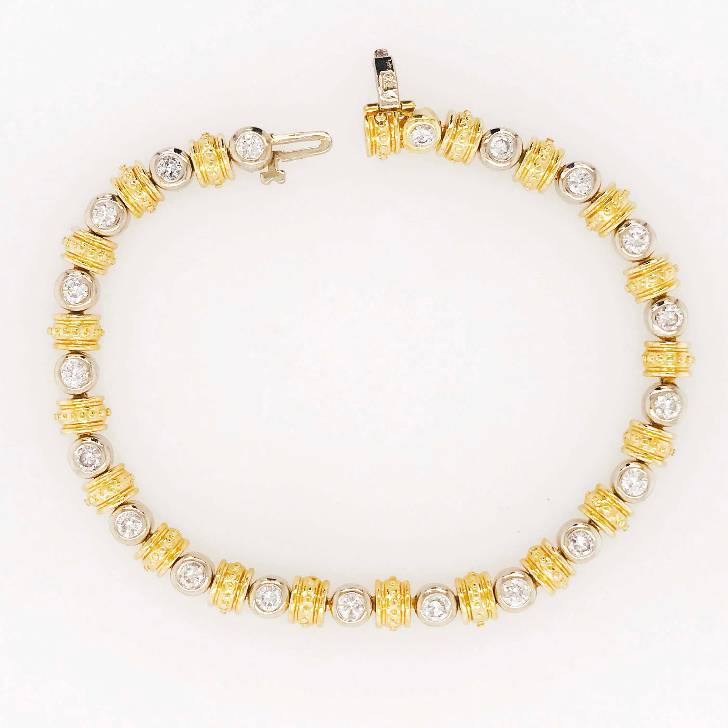 This unique estate bracelet has beautiful round brilliant cut diamonds set in 14 karat white gold bezels.  There is a total diamond weight of 2.80 carats! Between the bezels, are 14kt yellow gold half rondels that have beading on them.  The design