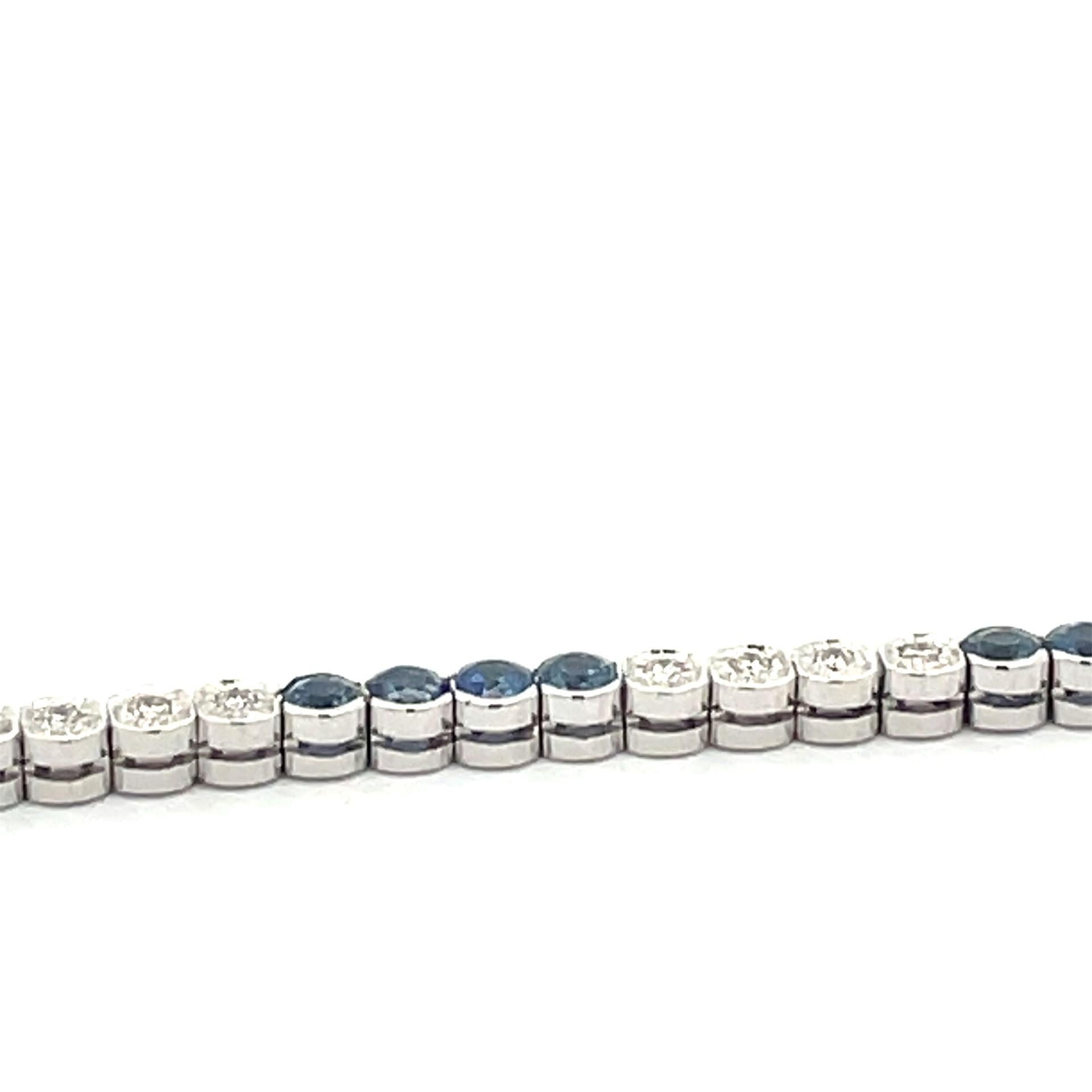 Round Cut Bezel & Tube Bracelet With Blue Sapphires & White Diamonds in 18 Kt White Gold For Sale