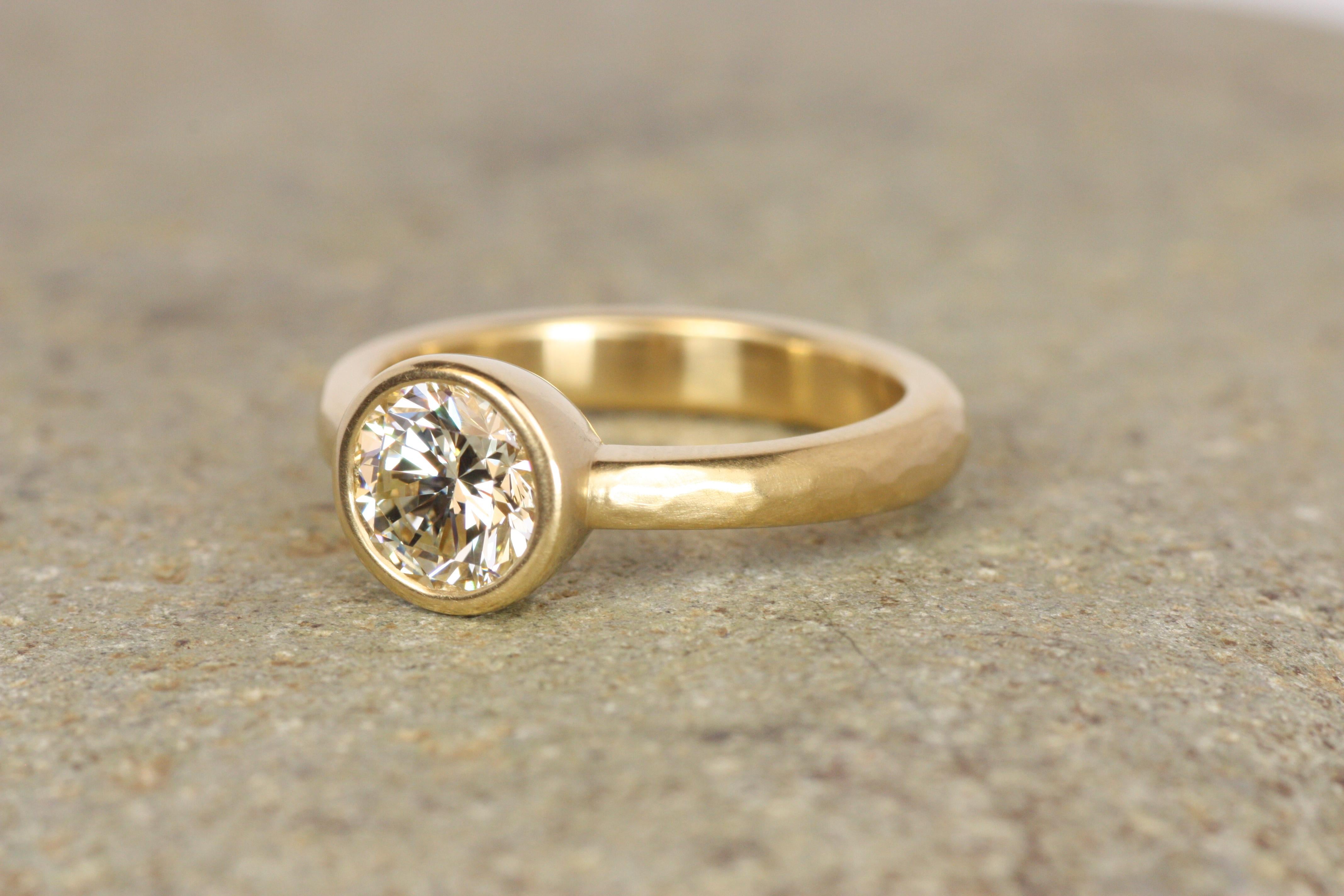 Bezeled Solitaire Engagement Ring – 1.35ct Natural Diamond in 22K Yellow Gold For Sale 1