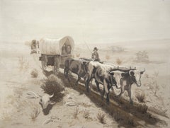 Covered Wagon Pulled by Cattle - Monochrome Western Scene by BF Taylor