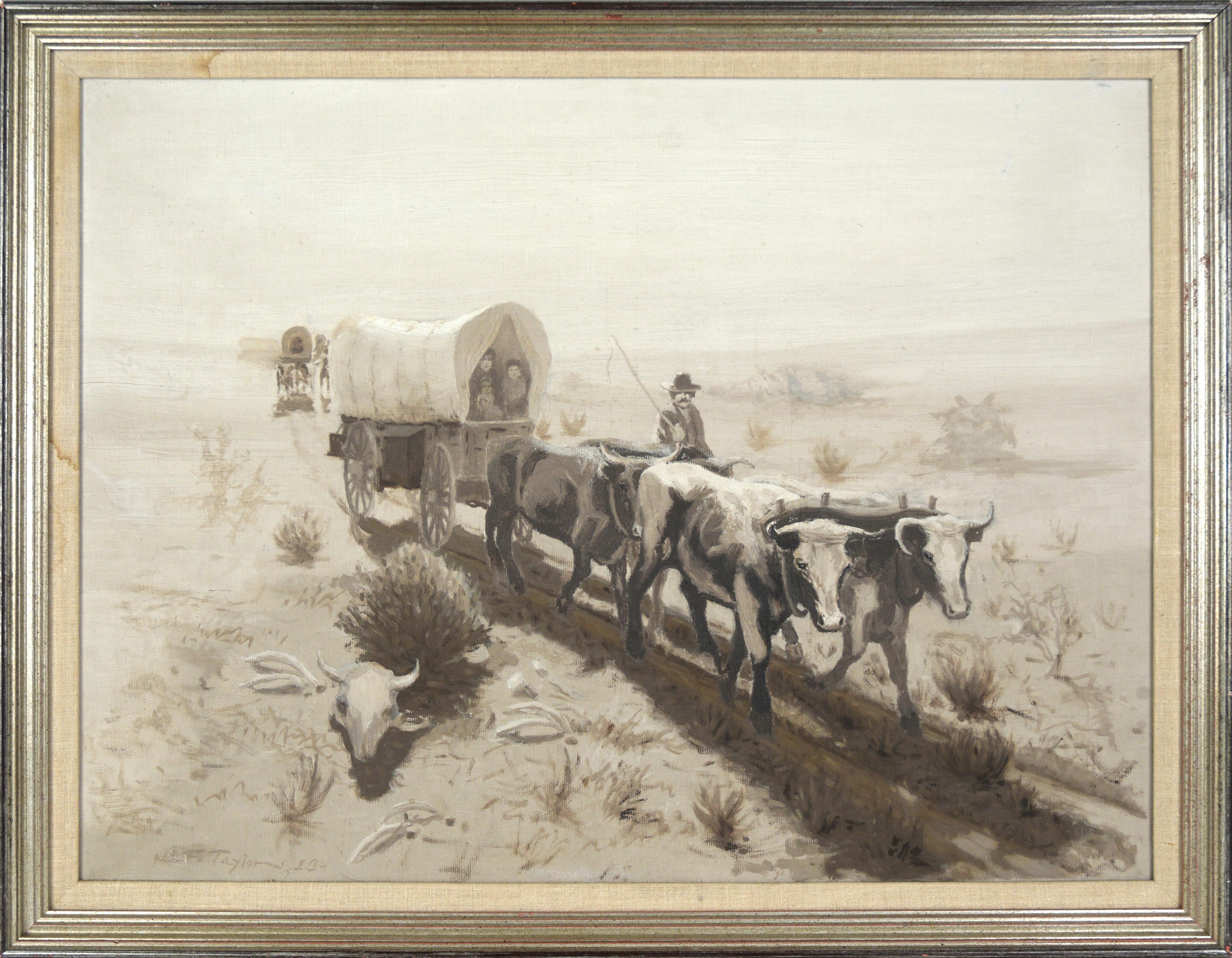 Von Rindern gezogener Planwagen - Monochrome Westernszene von BF Taylor