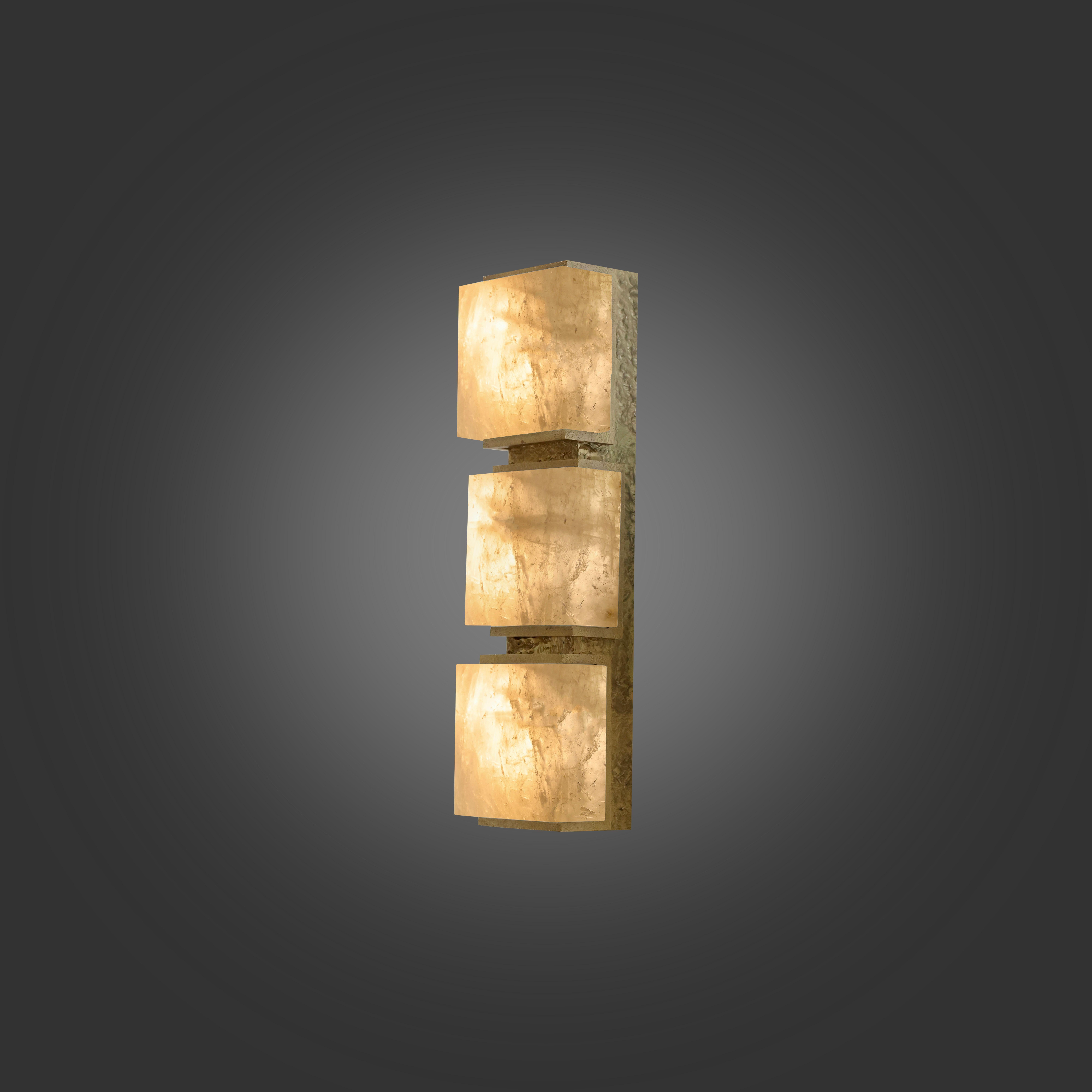 Pair of Block from rock crystal sconces with hammered polish brass decorations.
Created by Phoenix. Three sockets installed.180w total.
Metal finish and custom size upon request.