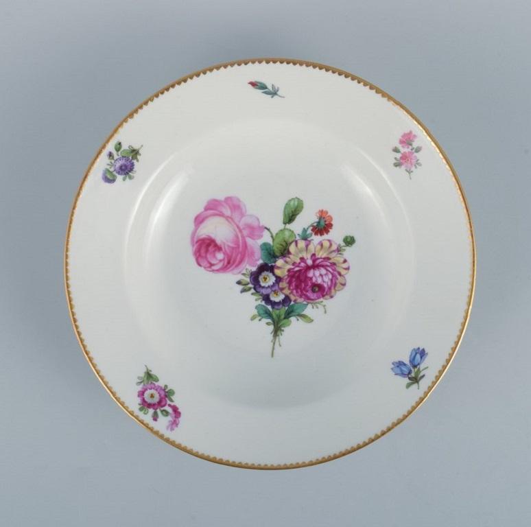 Hand-Painted B&G, Bing & Grondahl Saxon Flower. Four Deep Plates Decorated with Flowers For Sale