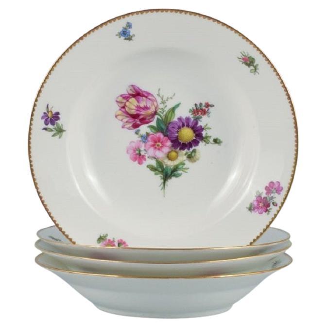 B&G, Bing & Grondahl Saxon Flower. Four Deep Plates Decorated with Flowers For Sale