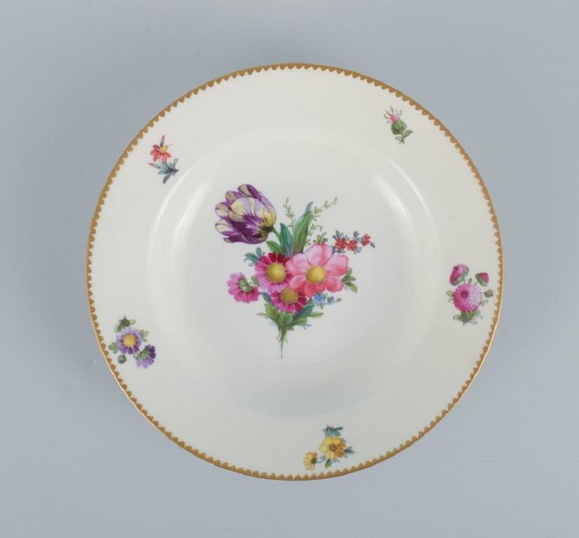 Hand-Painted B&G, Bing & Grondahl Saxon Flower. Six Deep Plates Decorated with Flowers For Sale