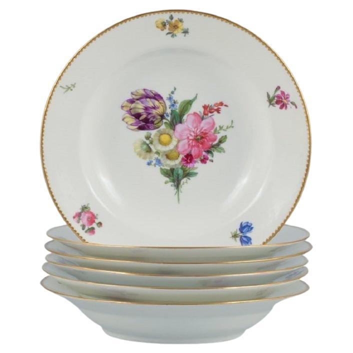 B&G, Bing & Grondahl Saxon Flower. Six Deep Plates Decorated with Flowers For Sale