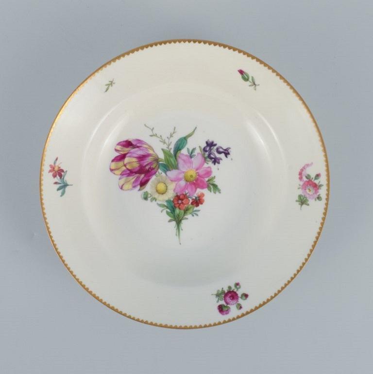 Danish B&G, Bing & Grondahl Saxon Flower, Three Deep Plates Decorated with Flowers For Sale