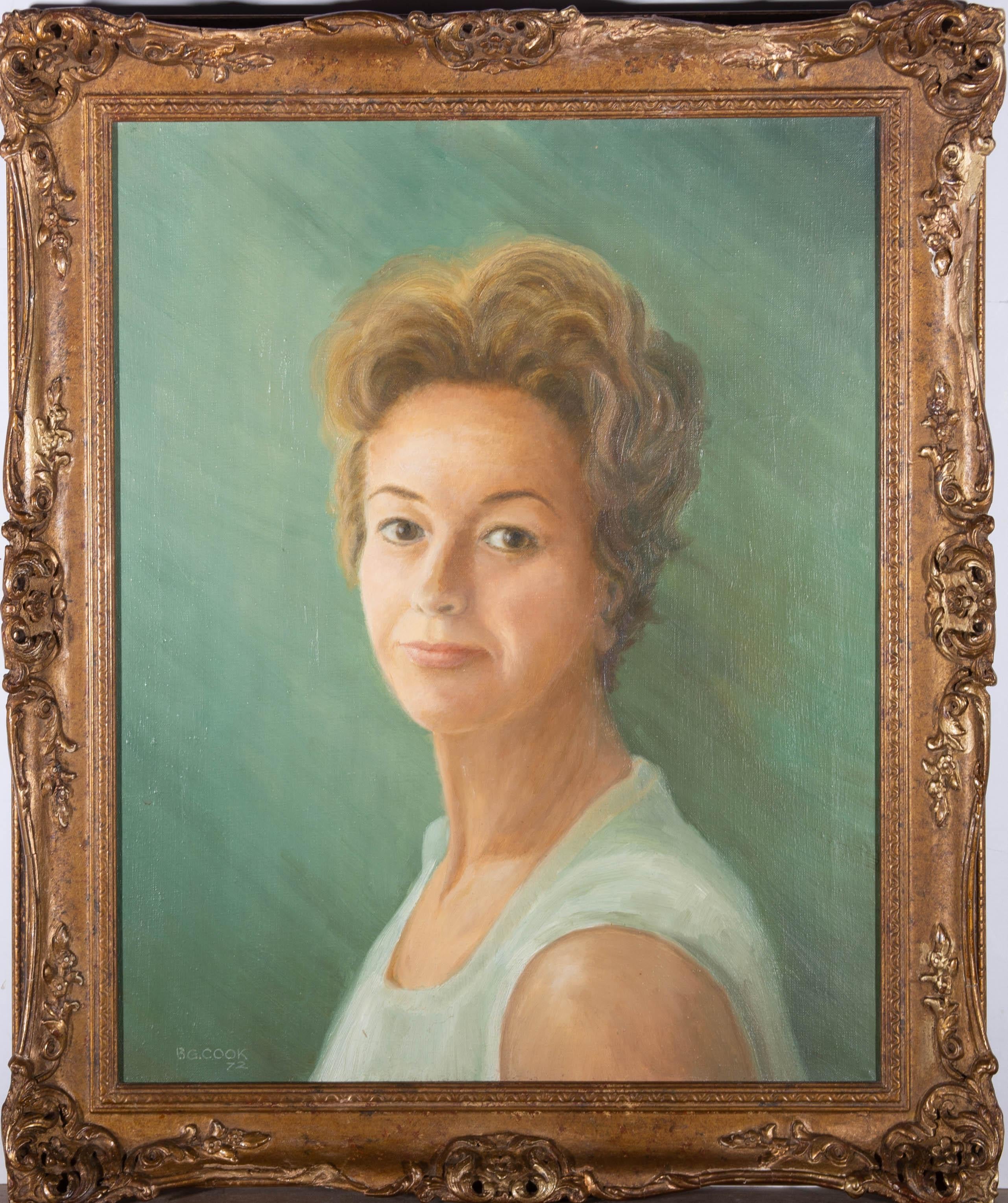 An accomplished female portrait against a green background. Presented in an ornate gilt-effect wooden frame with swept and pierced moulding at the edges and corners. Signed and dated to the lower-left edge. On canvas on stretchers.
