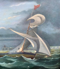 Antique English 19thC Victorian, Night time marine battle scene with sloop