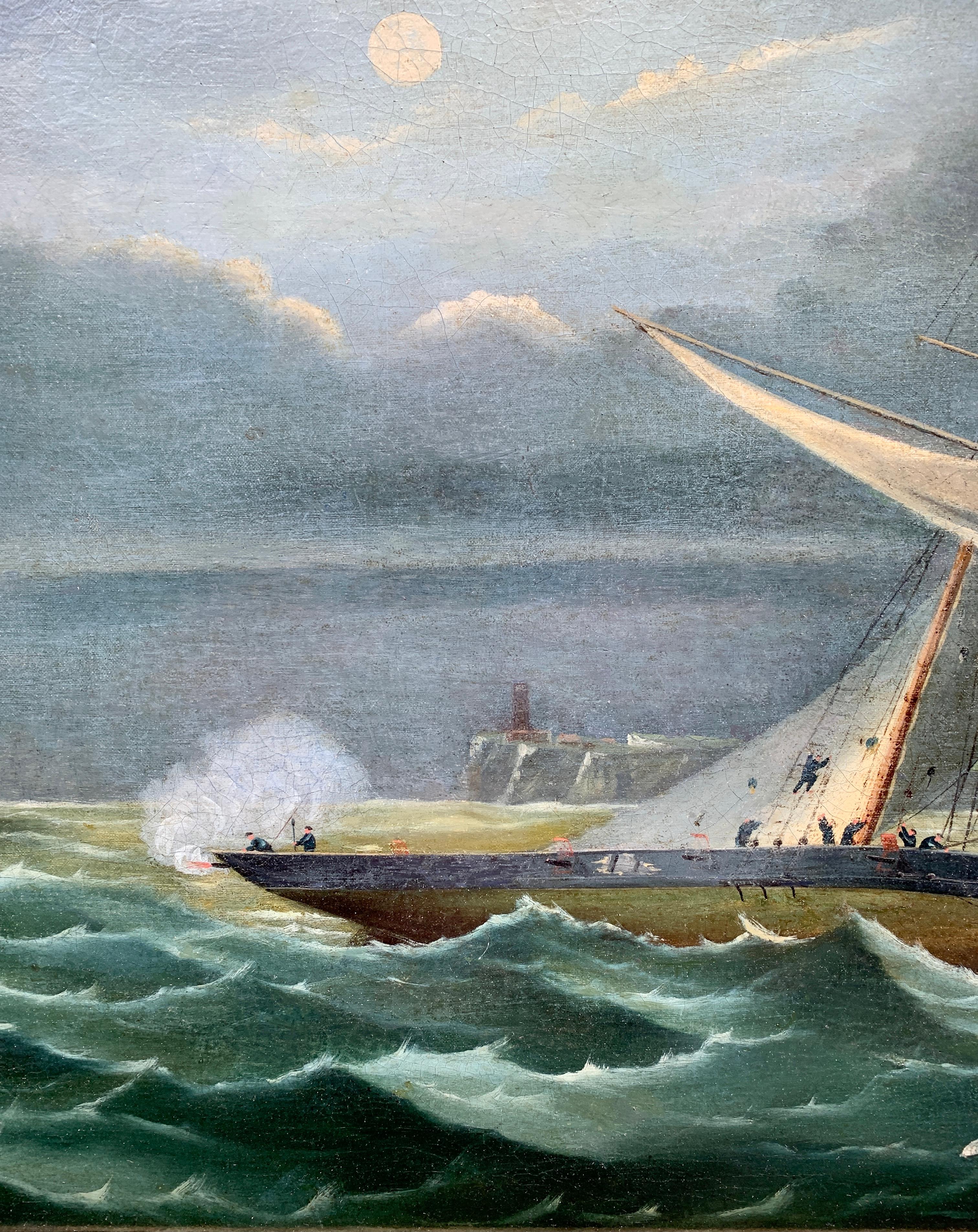 Antique victorien anglais du 19ème siècle, scène de bataille marine nocturne avec rameau - Victorien Painting par B.G.Hill