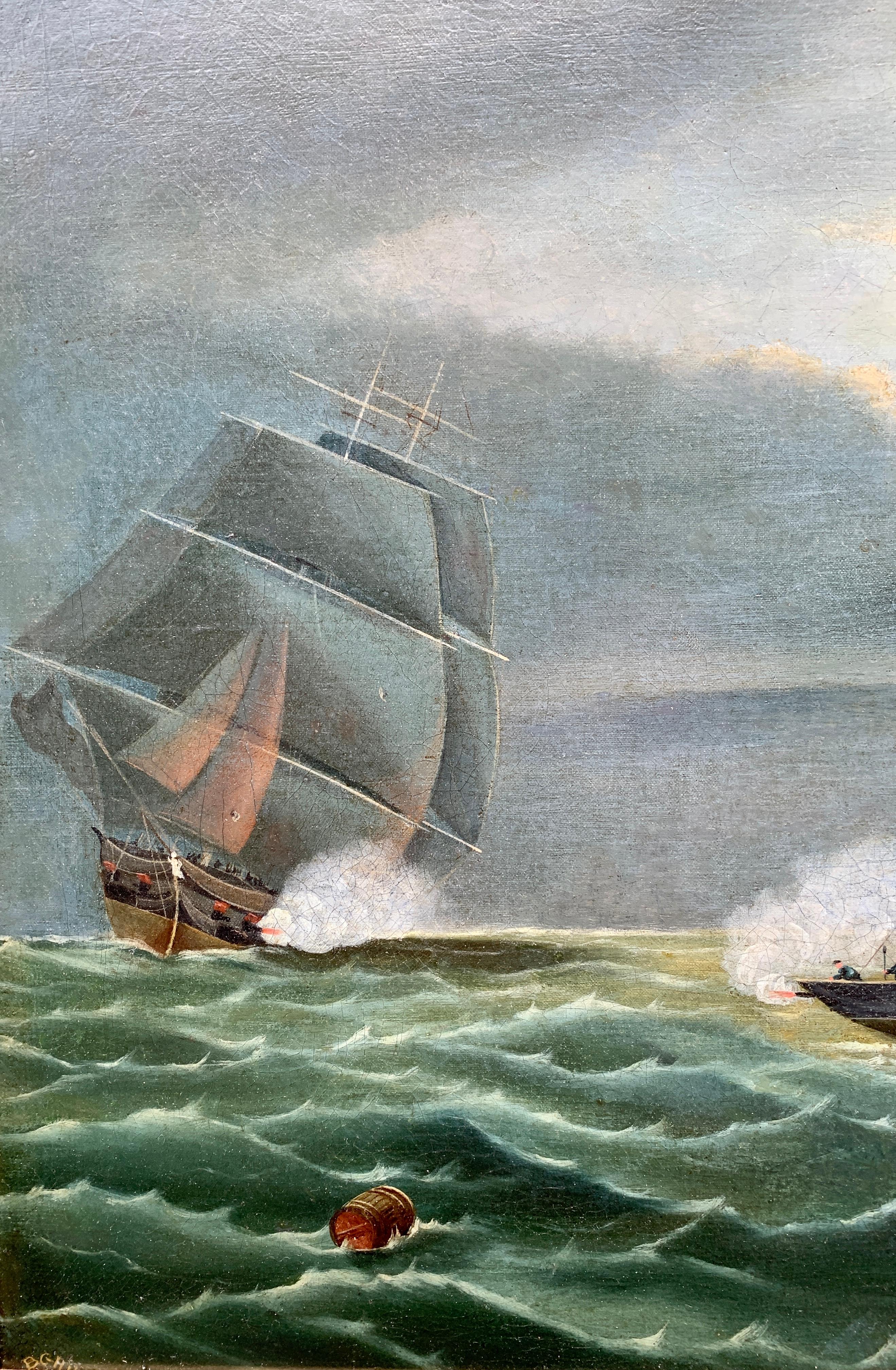 Antique victorien anglais du 19ème siècle, scène de bataille marine nocturne avec rameau - Marron Figurative Painting par B.G.Hill