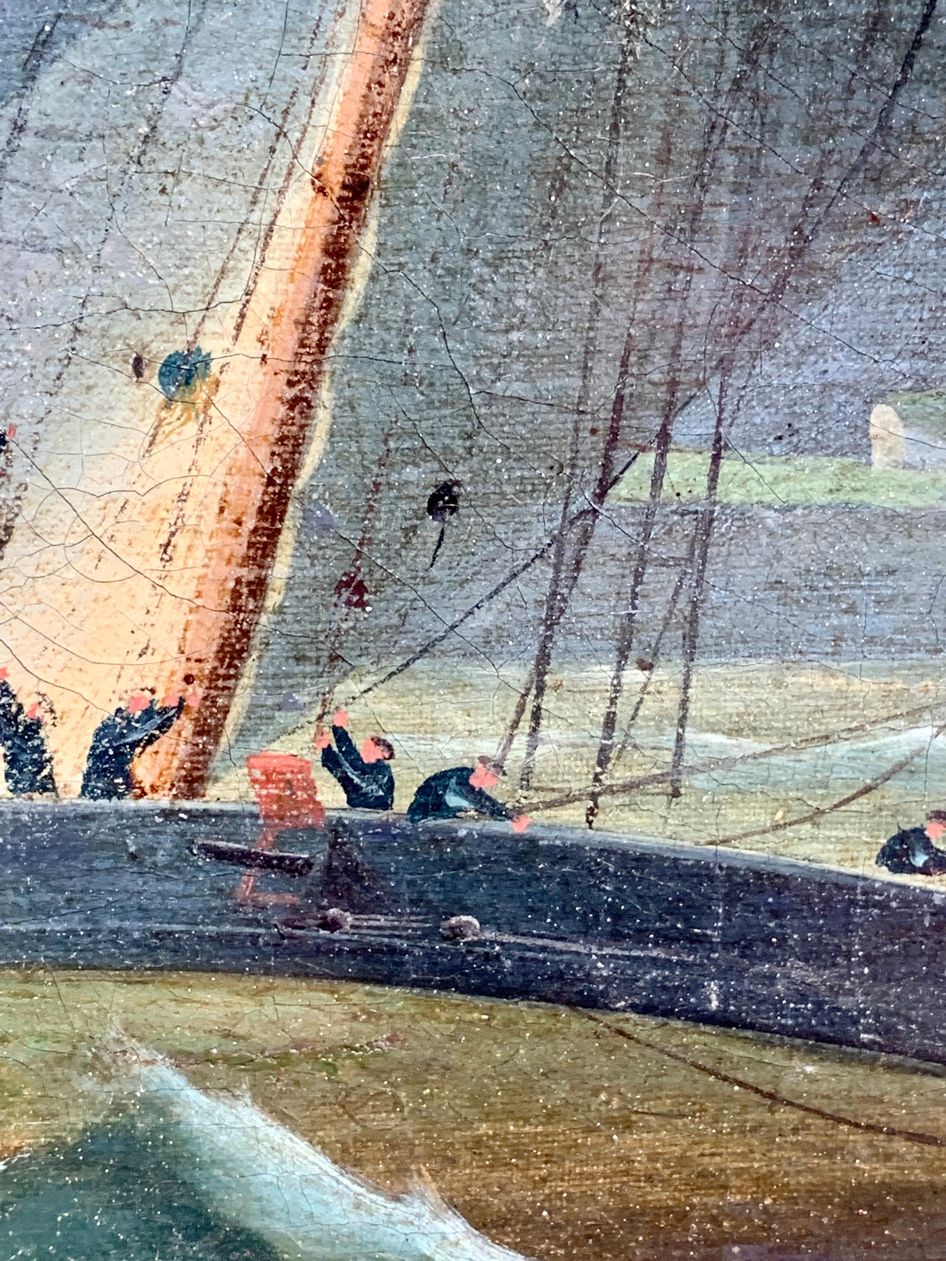 Scène victorienne anglaise bien peinte représentant deux bateaux en train de se battre la nuit, au large de la côte anglaise.

Bien que signé, on sait peu de choses sur le peintre. Le style de la pièce est typiquement anglais et la scène ressemble à