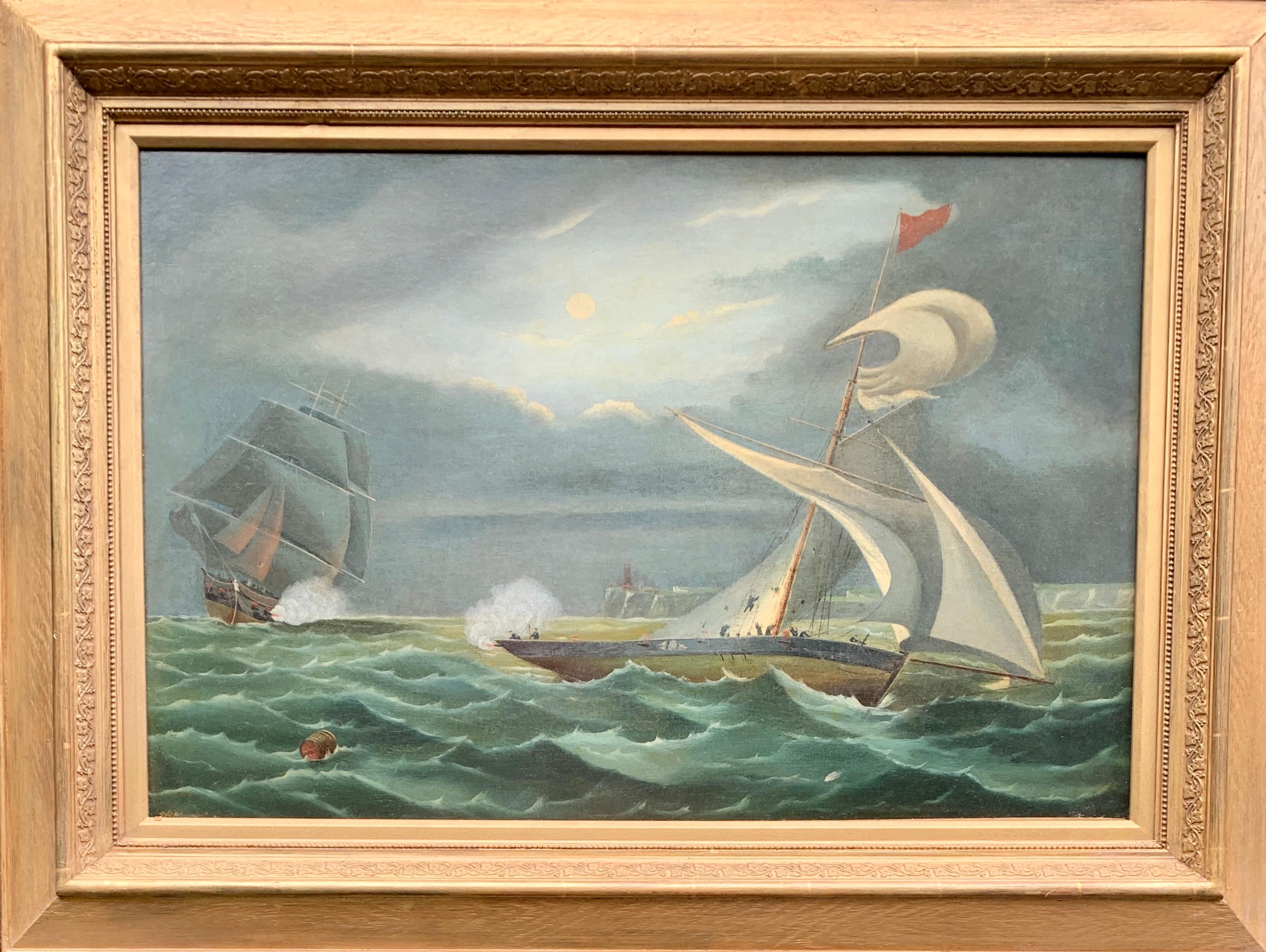 Figurative Painting B.G.Hill - Antique victorien anglais du 19ème siècle, scène de bataille marine nocturne avec rameau