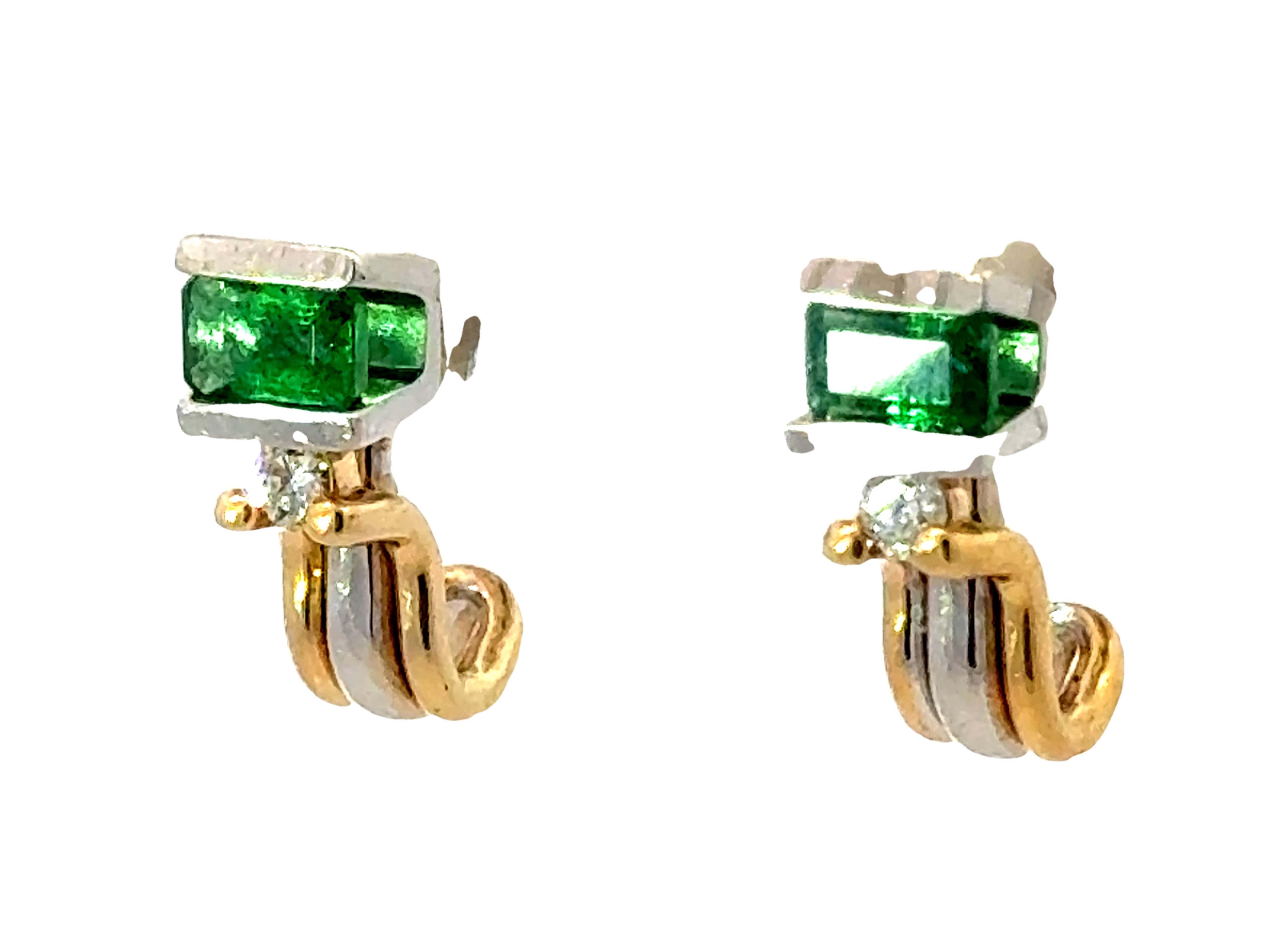 Emerald Cut BH Emerald Diamond 14K Two Toned Gold Earrings For Sale
