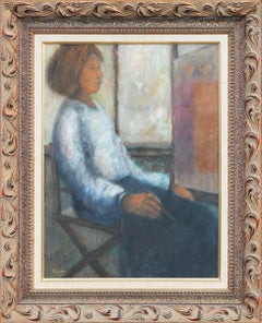 Naturalistic Portrait Painting of a Female Artist Sitting in Front of Her Canvas