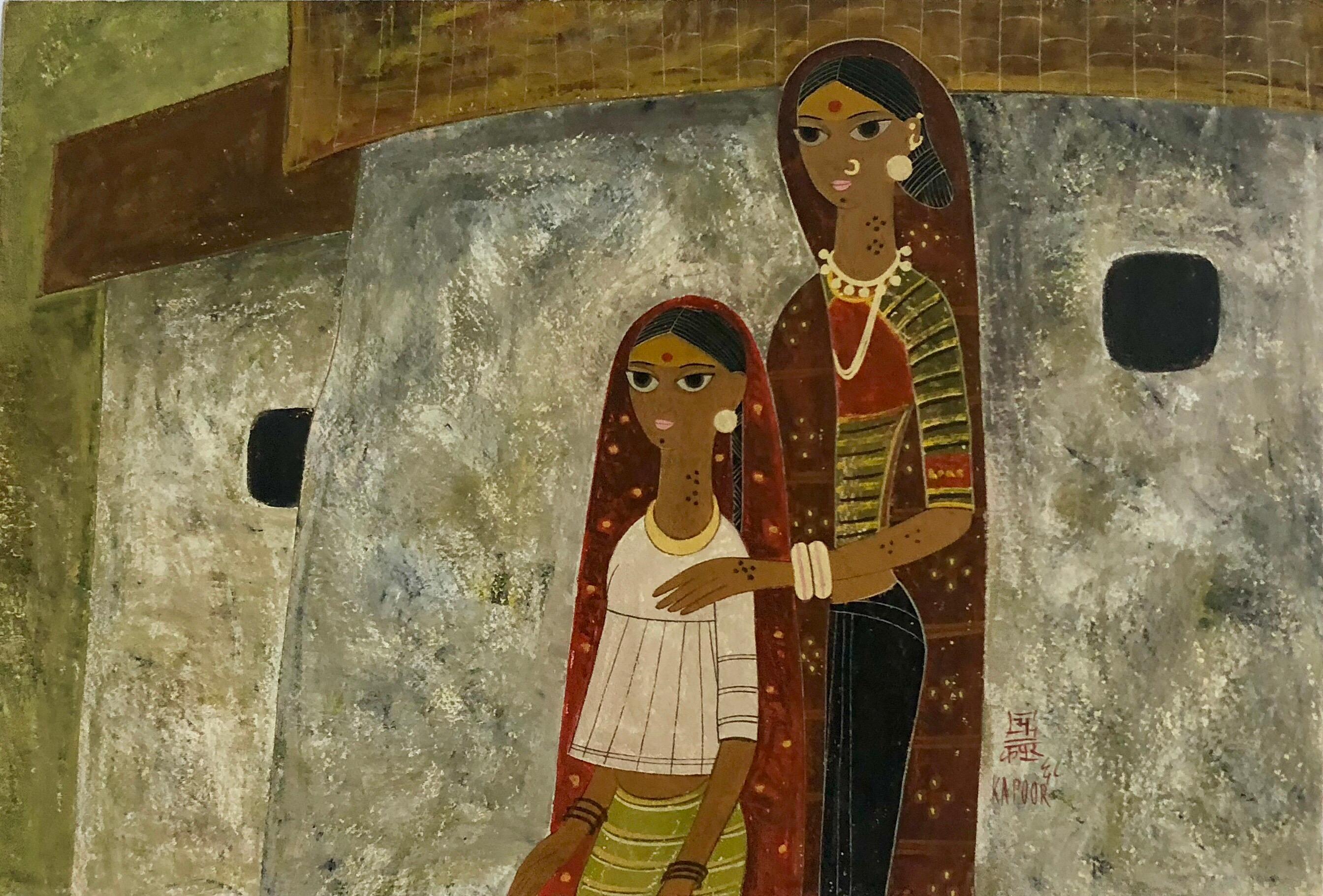 Bhagwan Kapoor Landscape Painting - Modern Indian Master Mother and Daughter Painting