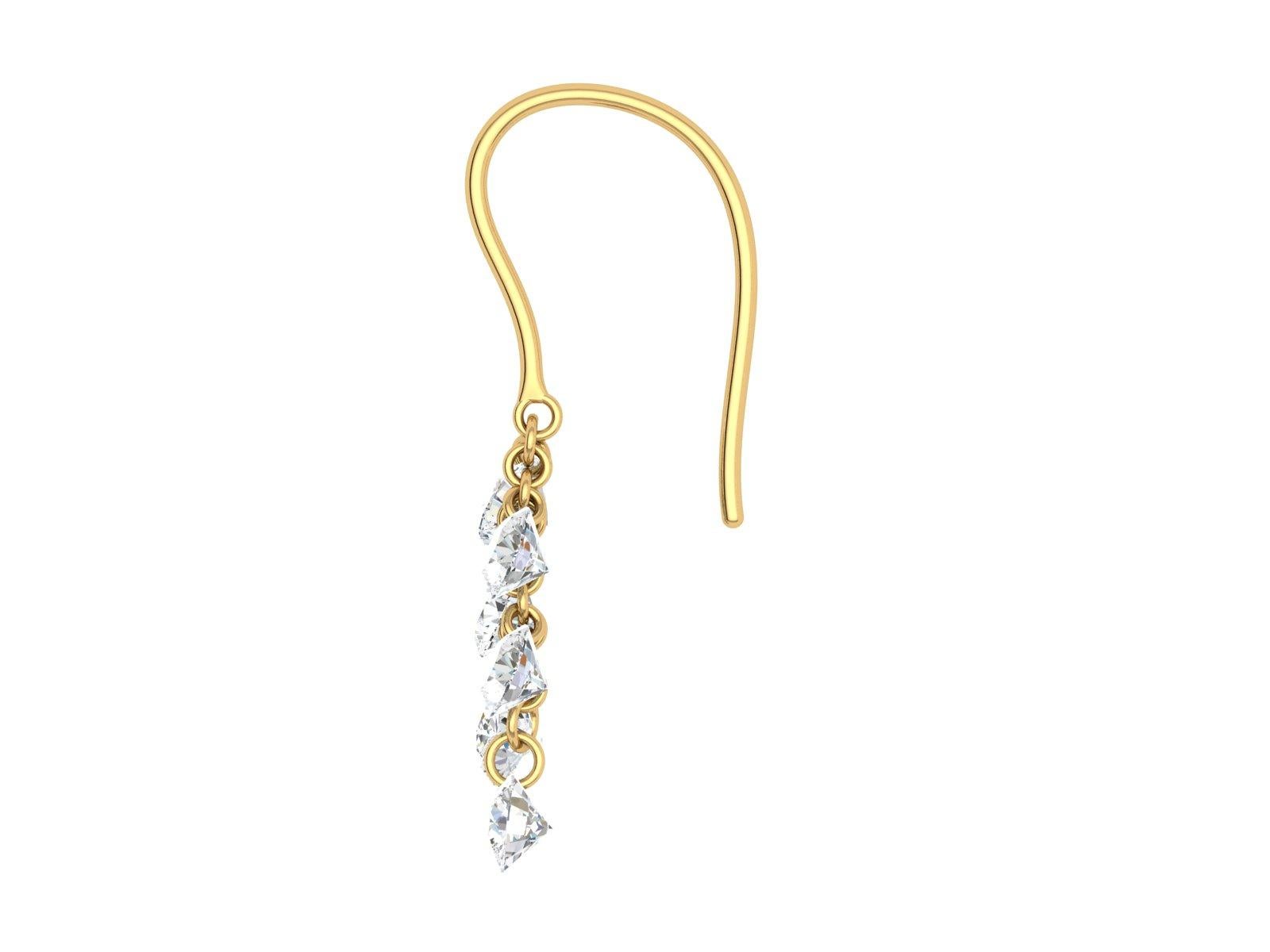 From the Bhansali Air collection, these simple and sophiscated 18kt yellow gold dangle earrings feature a laser drilled diamond (2.44 cts)  dangle. What makes this piece so unique is that the diamond has no setting, which means no prongs! The