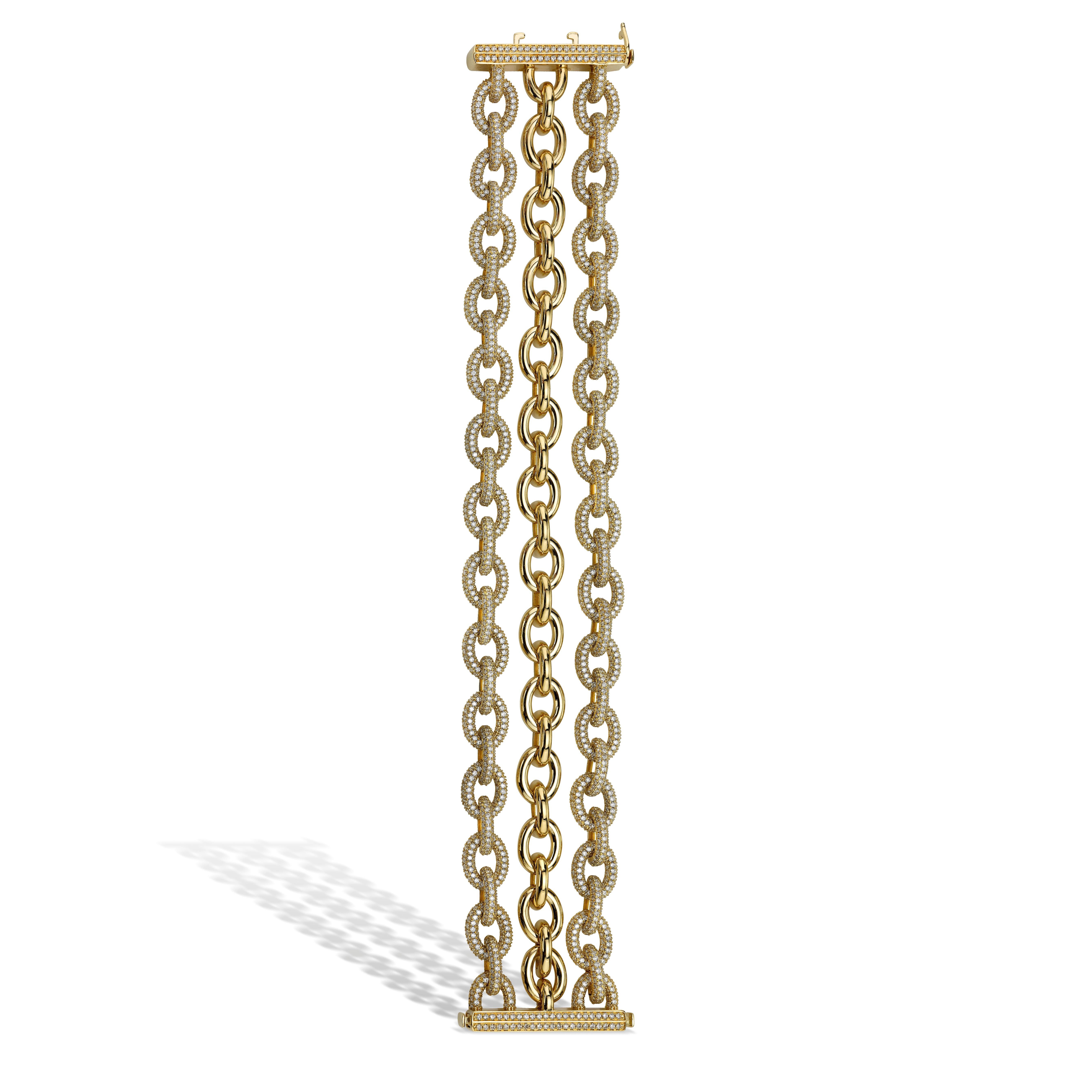 From the Bhansali CONNECT Collection, this chain link bracelet is set in 18kt Yellow Gold with 2,950 Round Brilliant-Cut Diamonds (9.11cts.) It is a perfect piece that can be worn on a gown as well as jeans. This understated, yet glamorous
