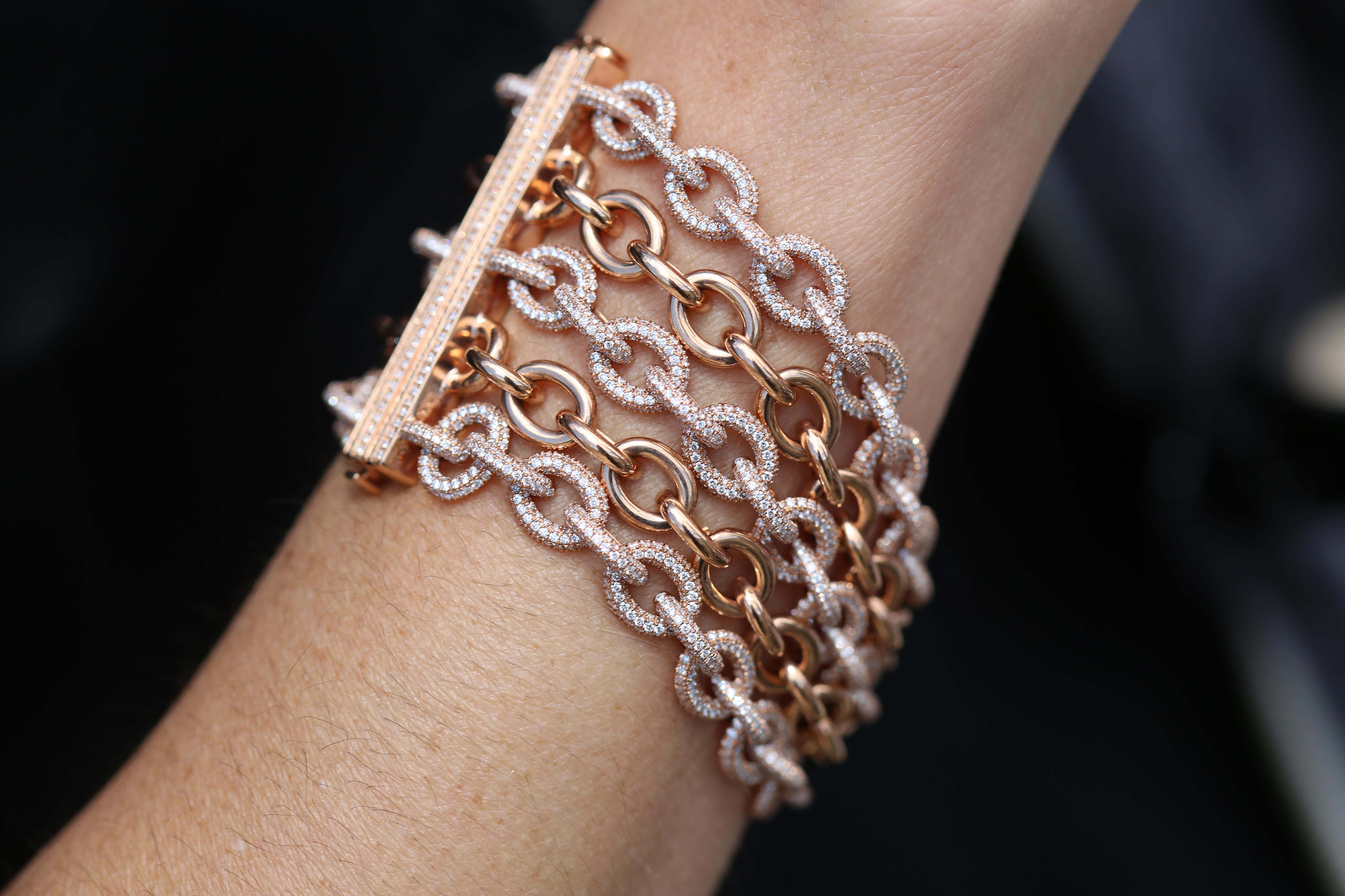 From the Bhansali CONNECT Collection, this chain link bracelet is set in 18kt Rose Gold with 4,426 Round Brilliant-Cut Diamonds (14cts.) This understated, yet glamorous collection was inspired by the expressive and confident women of the 1980s.
