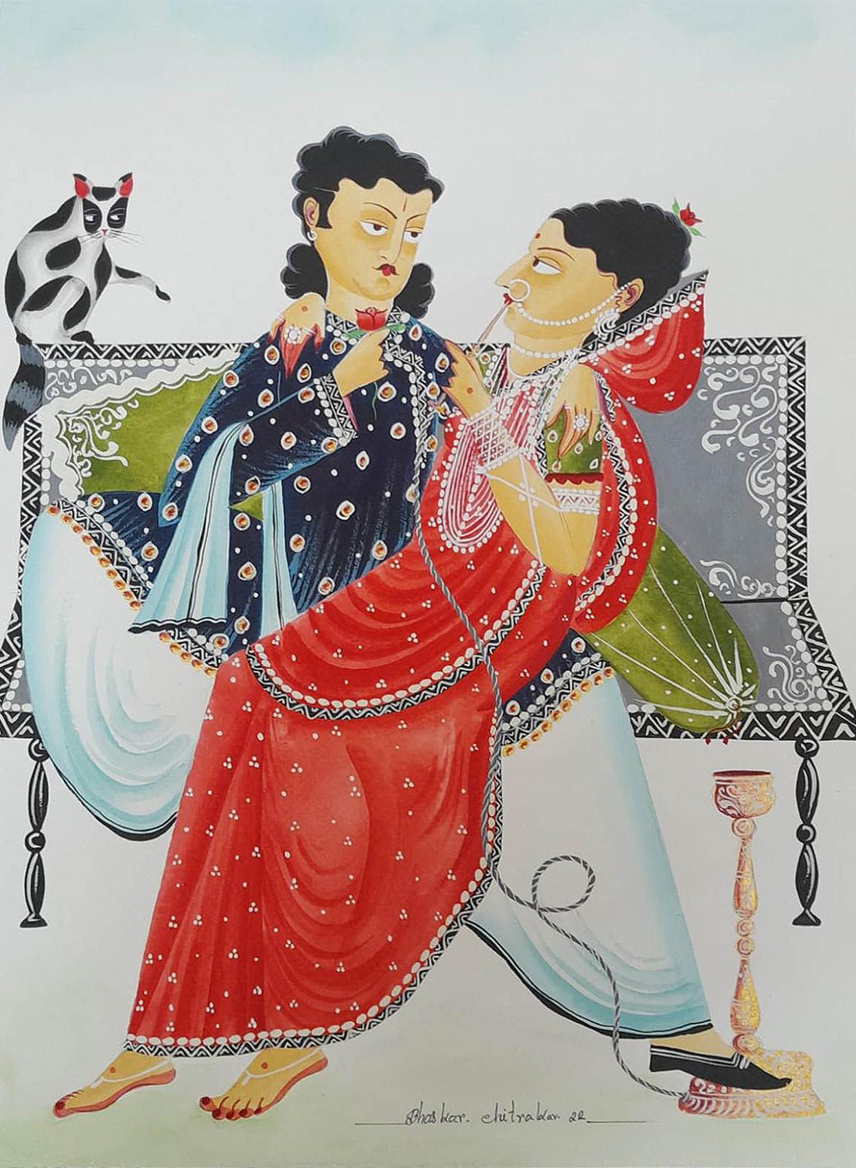 Bhaskar Chitrakar Figurative Painting - Couple, Watercolour & Gouache on Paper, Red, Blue Contemporary Artist “In Stock"