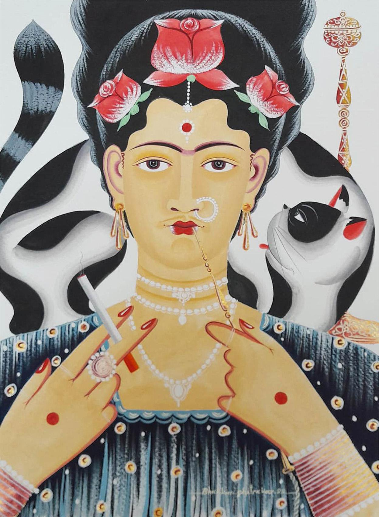 Frida Kahlo, aquarelle et gouache sur papier artiste contemporaine en stock