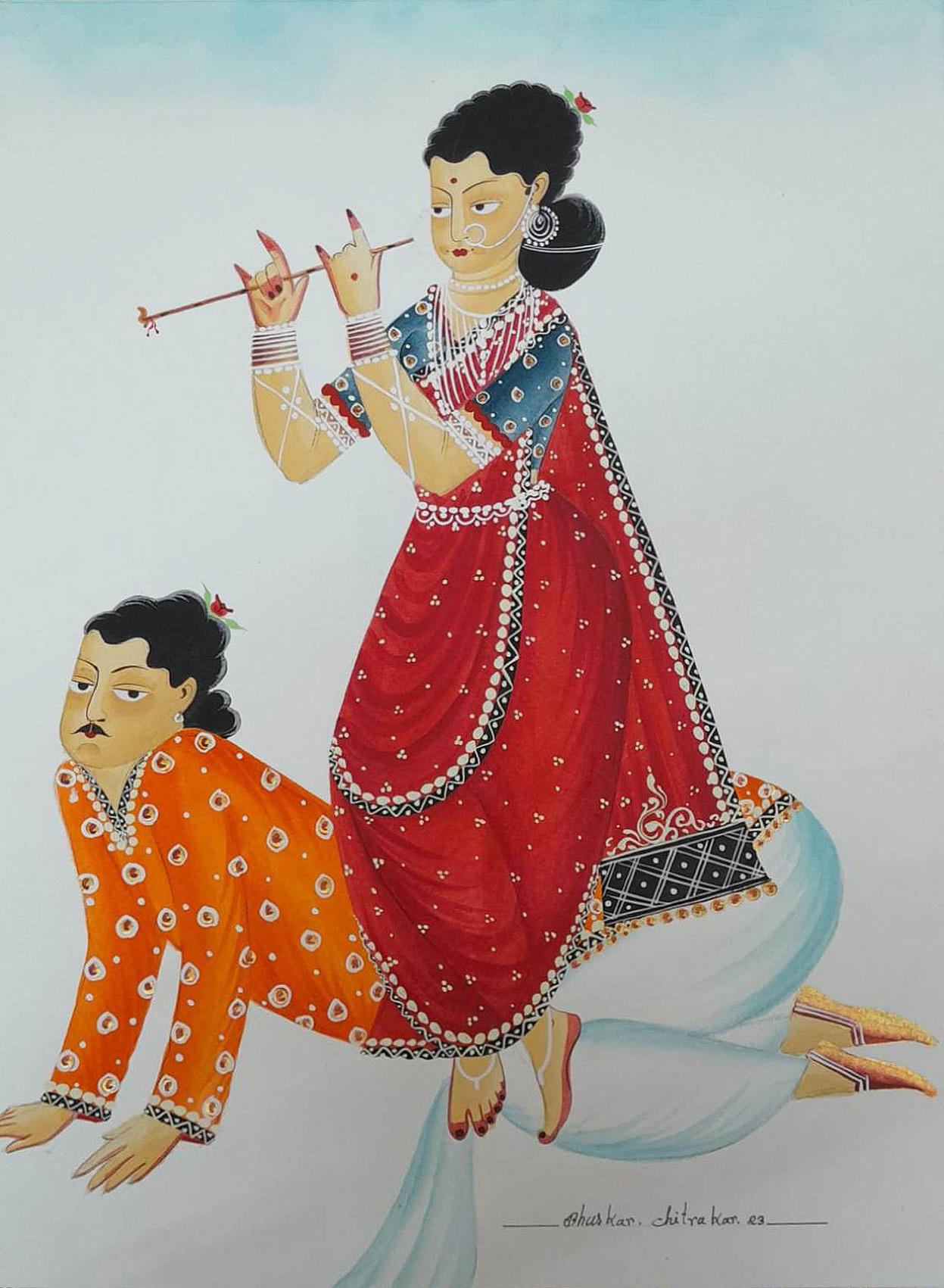 Bhaskar Chitrakar Interior Painting - Playing Music, Watercolour & Gouache on Paper Contemporary Artist “In Stock"