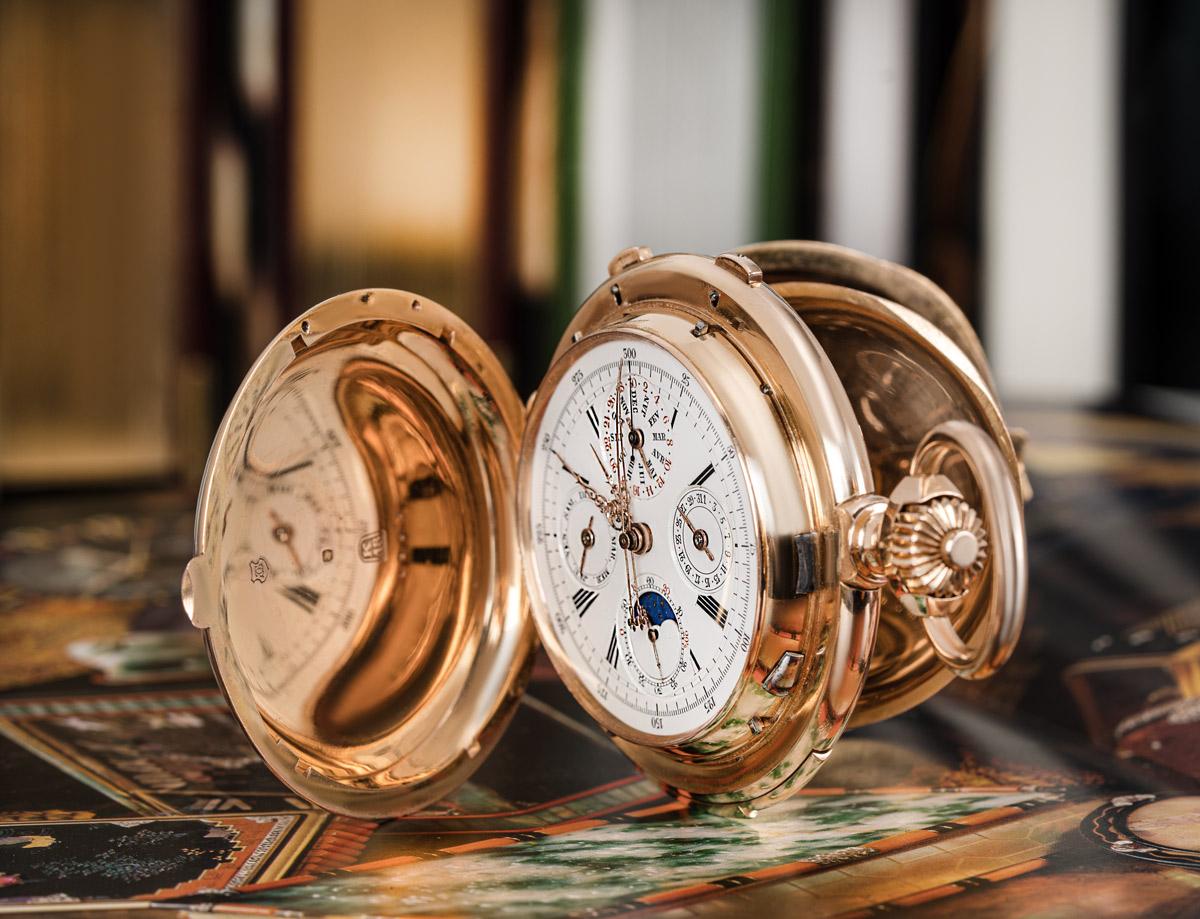 Mon B.Hass Jeune. A Rare Massive 18ct Rose Gold Perpetual Calendar Minute Repeater Split Second Keyless Lever Full Hunter Pocket Watch C1895.

Dial: The superb white enamel dial with Roman numeral, outer early tachymeter scale with subsidiary dials