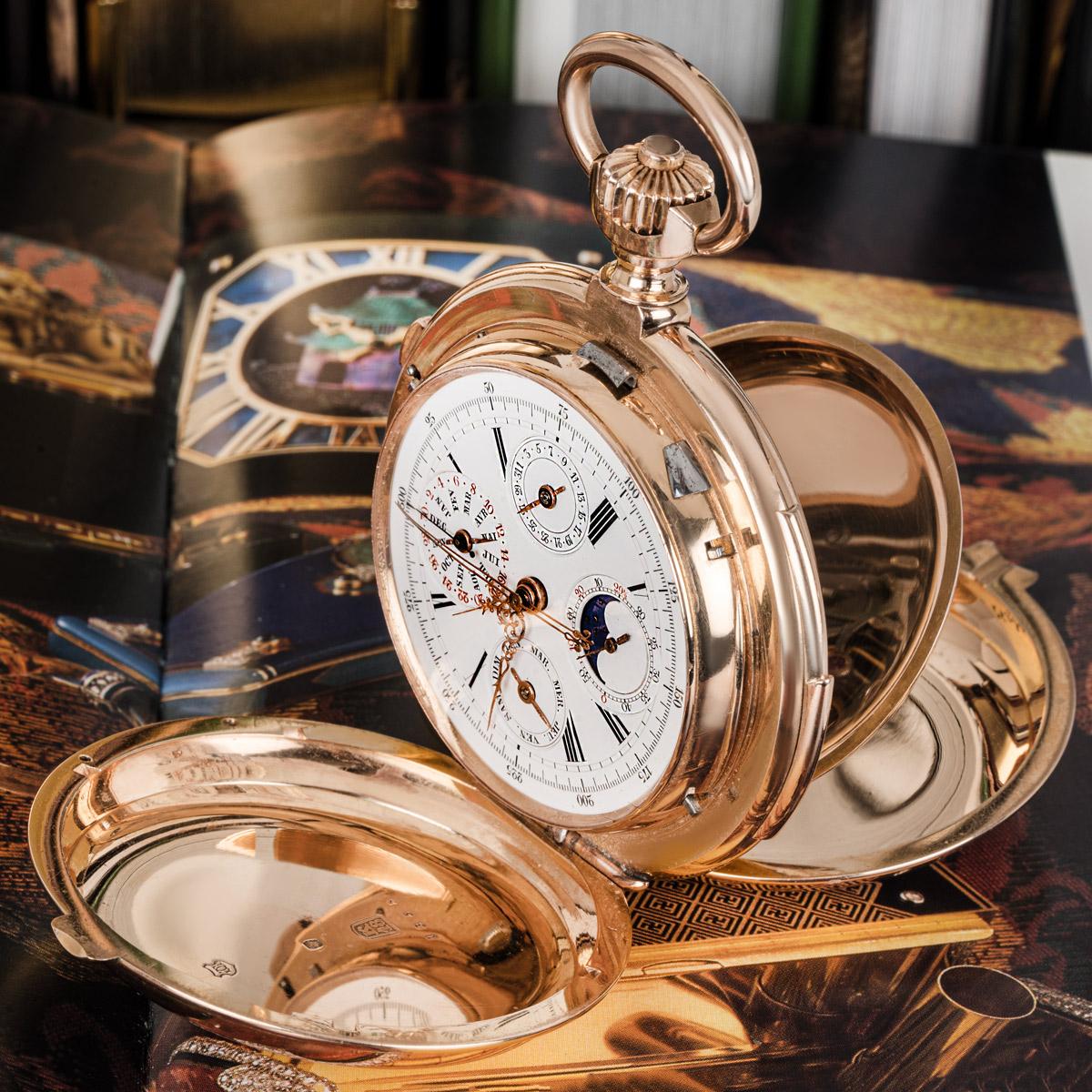 Men's B.Hass Jeune Rose Gold Calendar Minute Repeater Split Second Hunter Pocket Watch For Sale