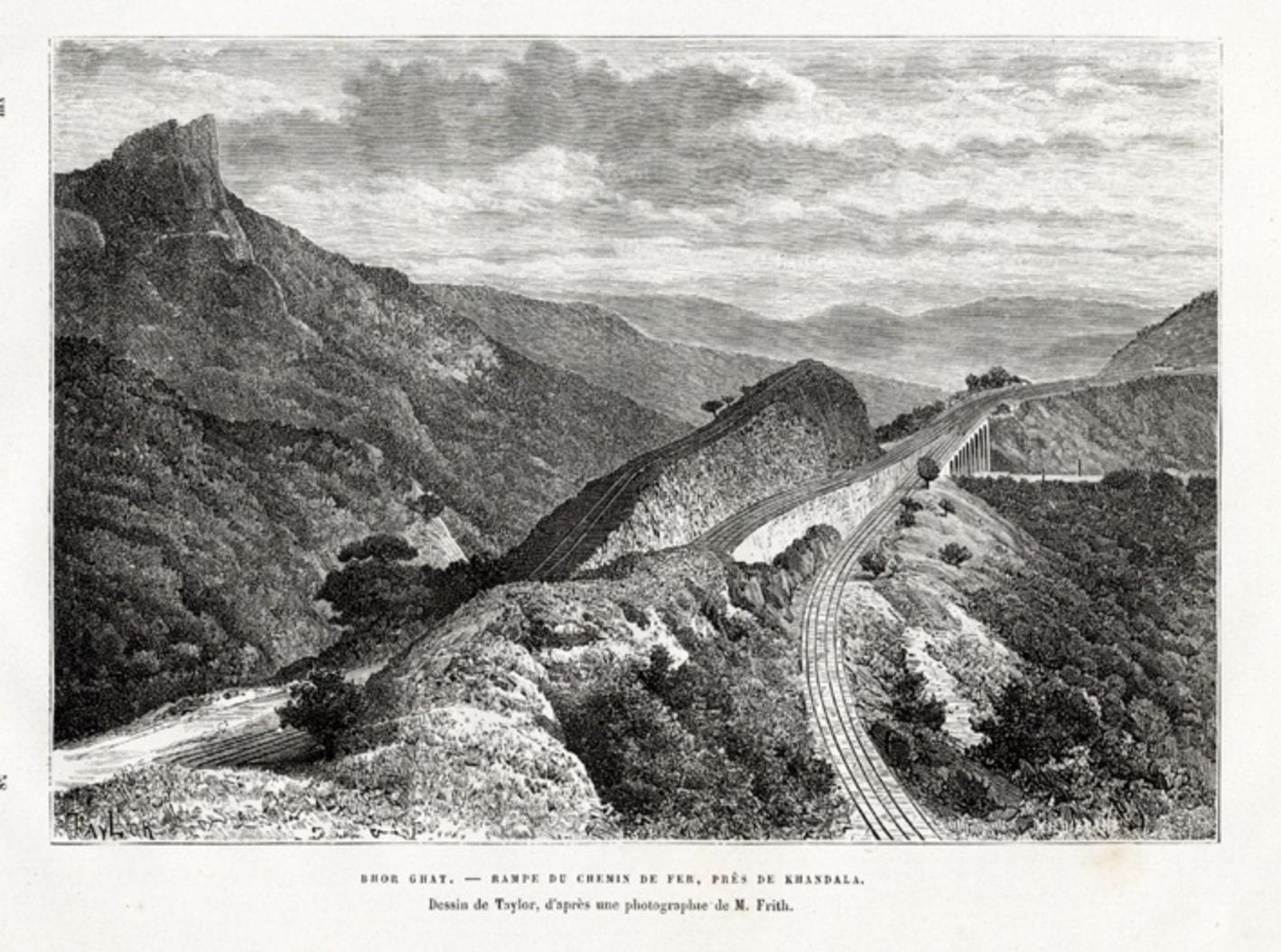 Plate: 'Bhor Ghat, 'Rampe du Chemin de fer, pres de Khandala'. This plate shows the Bhor Ghat a mountain passage located between Karjat and Khandala in Maharashtra, India. This plate originates from: 'Nouvelle Geographie Universelle. La Terre et les