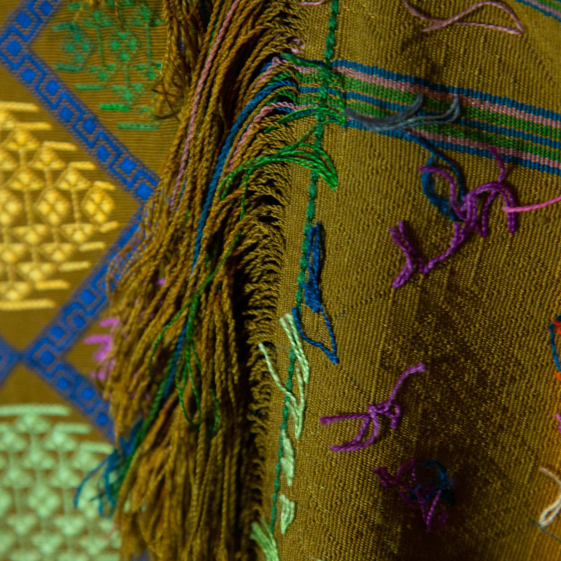 Contemporary Bhutanese Silk Woven Kira Textile, Multi-Color on Brown