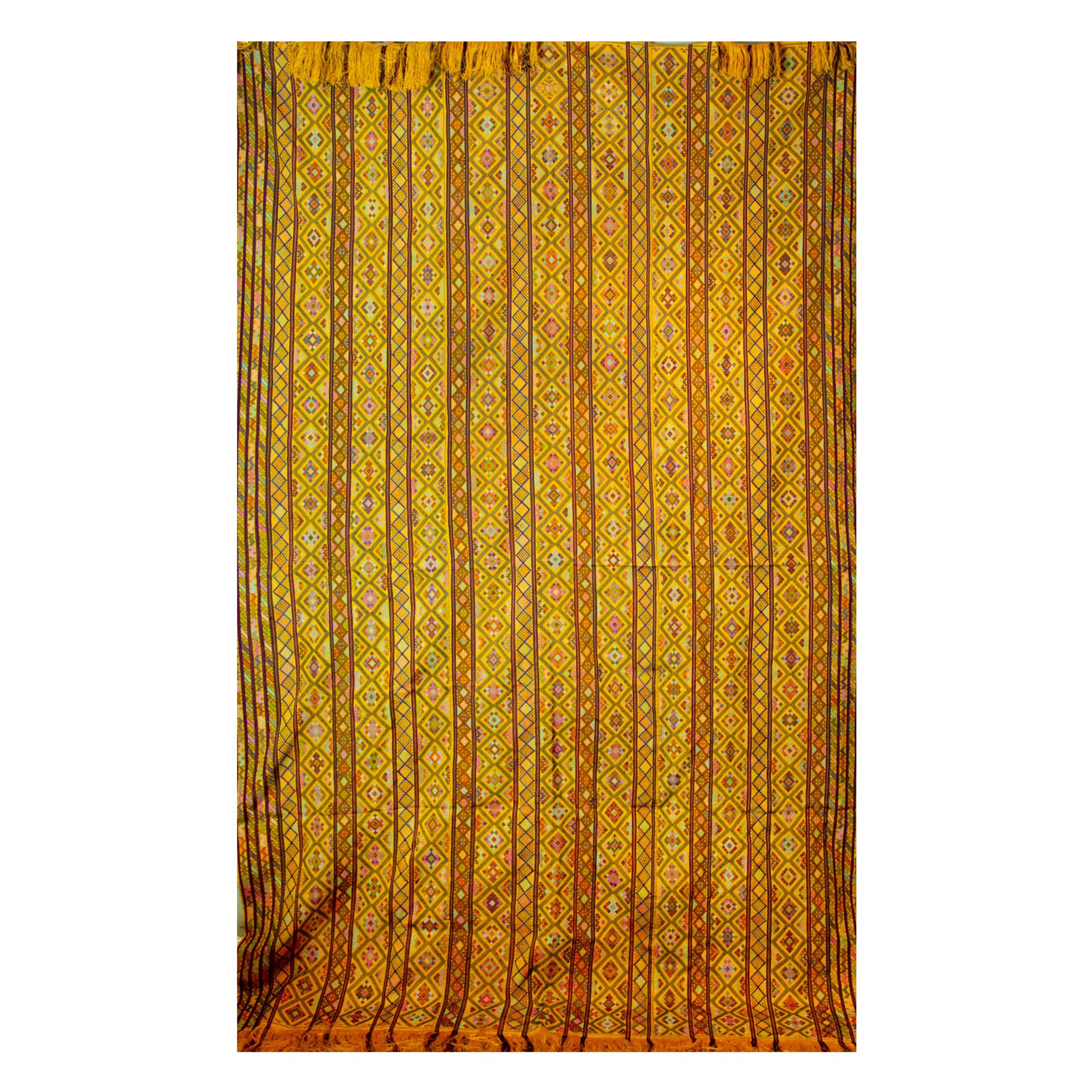 Bhutanese Silk Woven Kira Textile, Multicolor on Yellow, from the Royal Weavers  For Sale