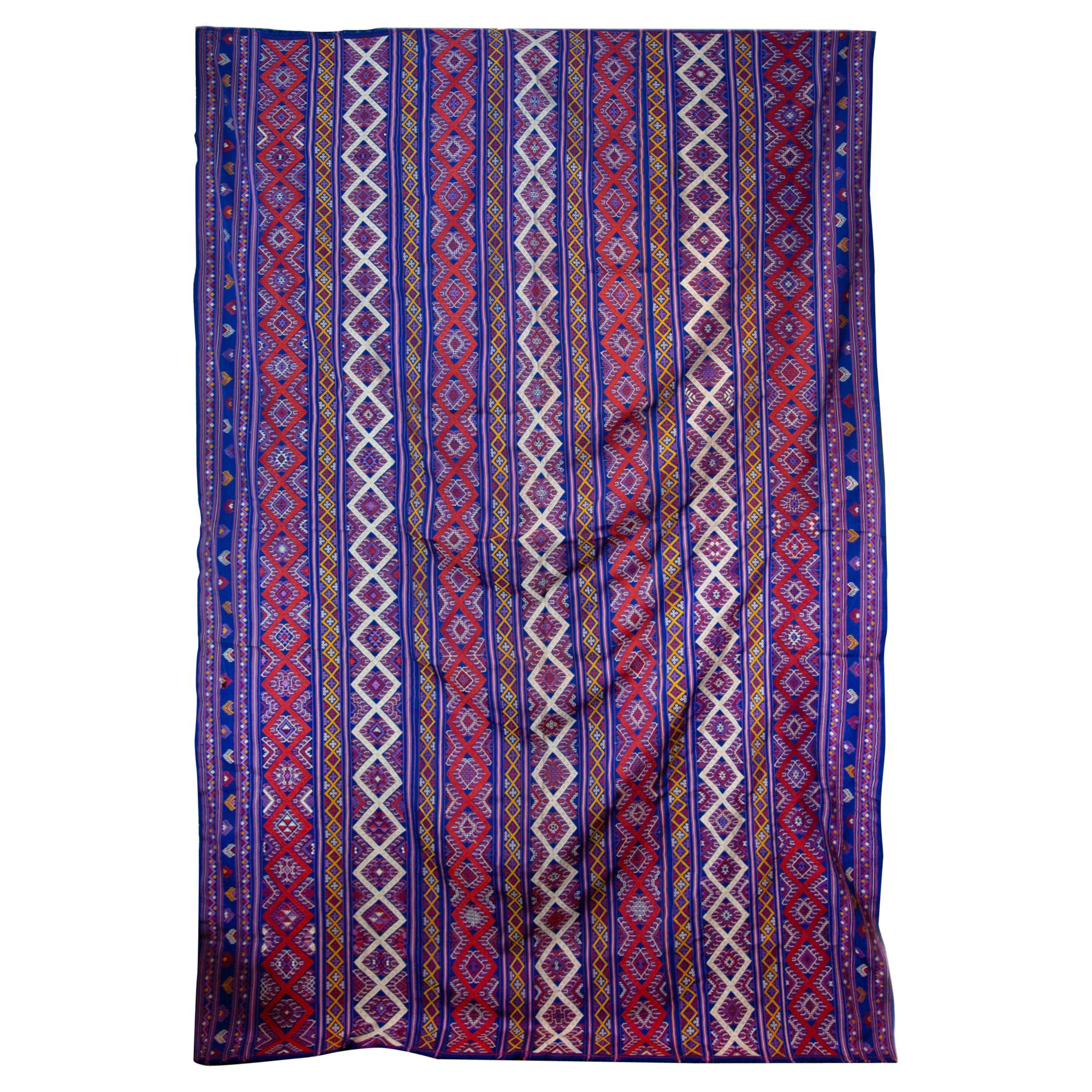 Bhutanese Silk Woven Kira Textile, Purple, Orange and White on Blue