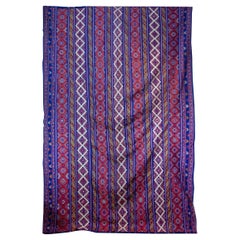 Bhutanese Silk Woven Kira Textile, Purple, Orange and White on Blue