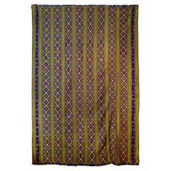 Bhutanese Silk Woven Kira Textile, Yellow, Green, and Pink on Blue