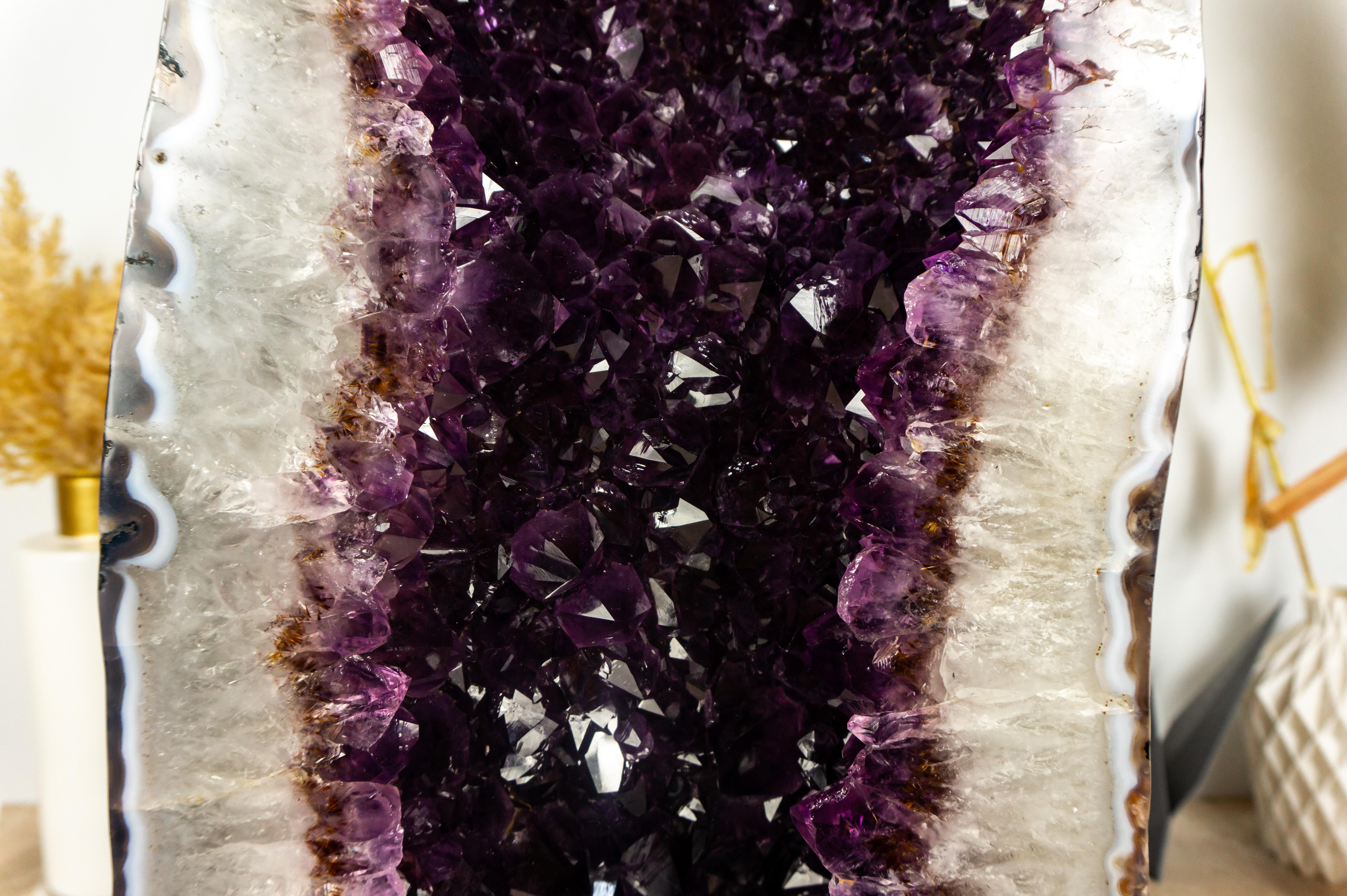 Contemporary Bi-Color Amethyst Cathedral Geode with Dark Saturated AAA Purple Amethyst Druzy For Sale