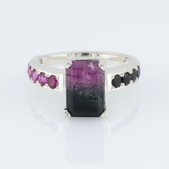 Bi-color black pink tourmaline silver ring, 8 size