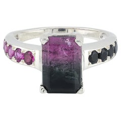 Bi-color black pink tourmaline silver ring, 8 size