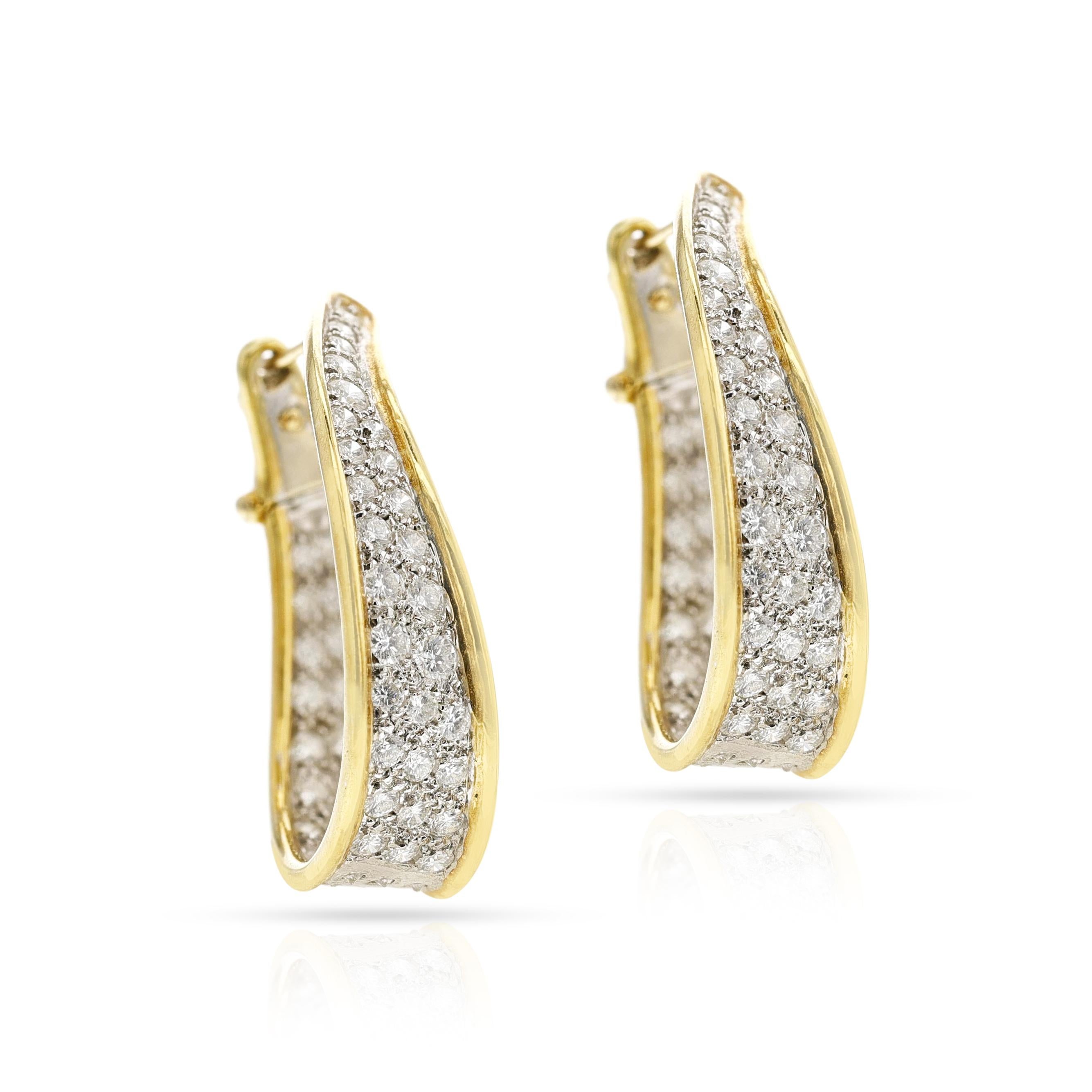 Round Cut Bi-Color Gold Curved Diamond Hoops, 18k For Sale