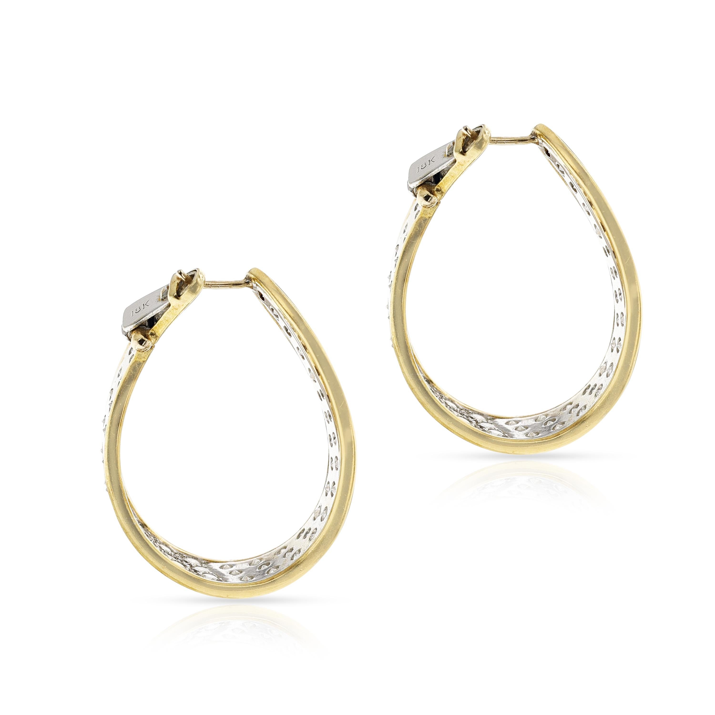 Bi-Color Gold Curved Diamond Hoops, 18k In Excellent Condition For Sale In New York, NY