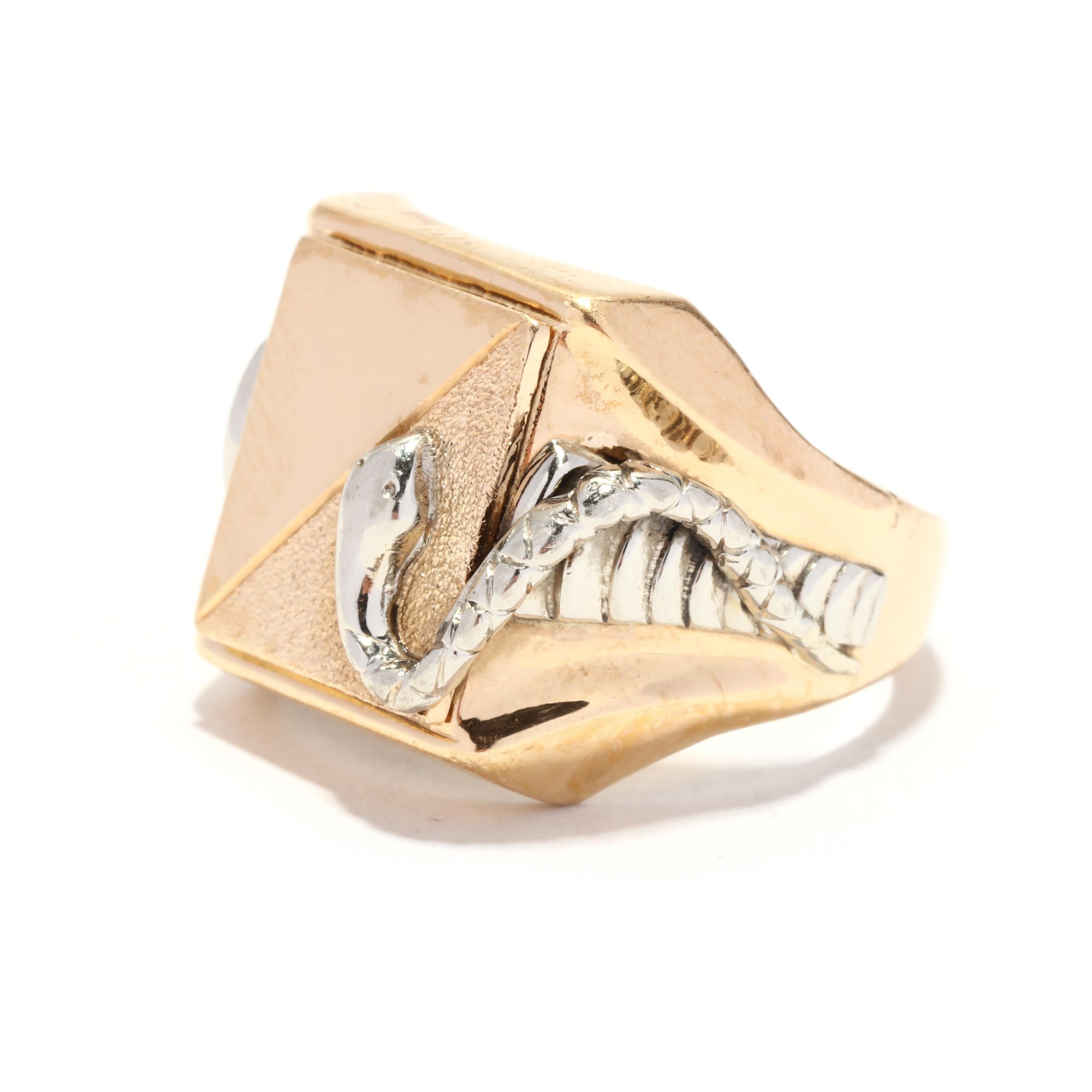 Bi Color Gold Rectangular Snake Signet Ring, 18KT Gold, Ring In Good Condition For Sale In McLeansville, NC