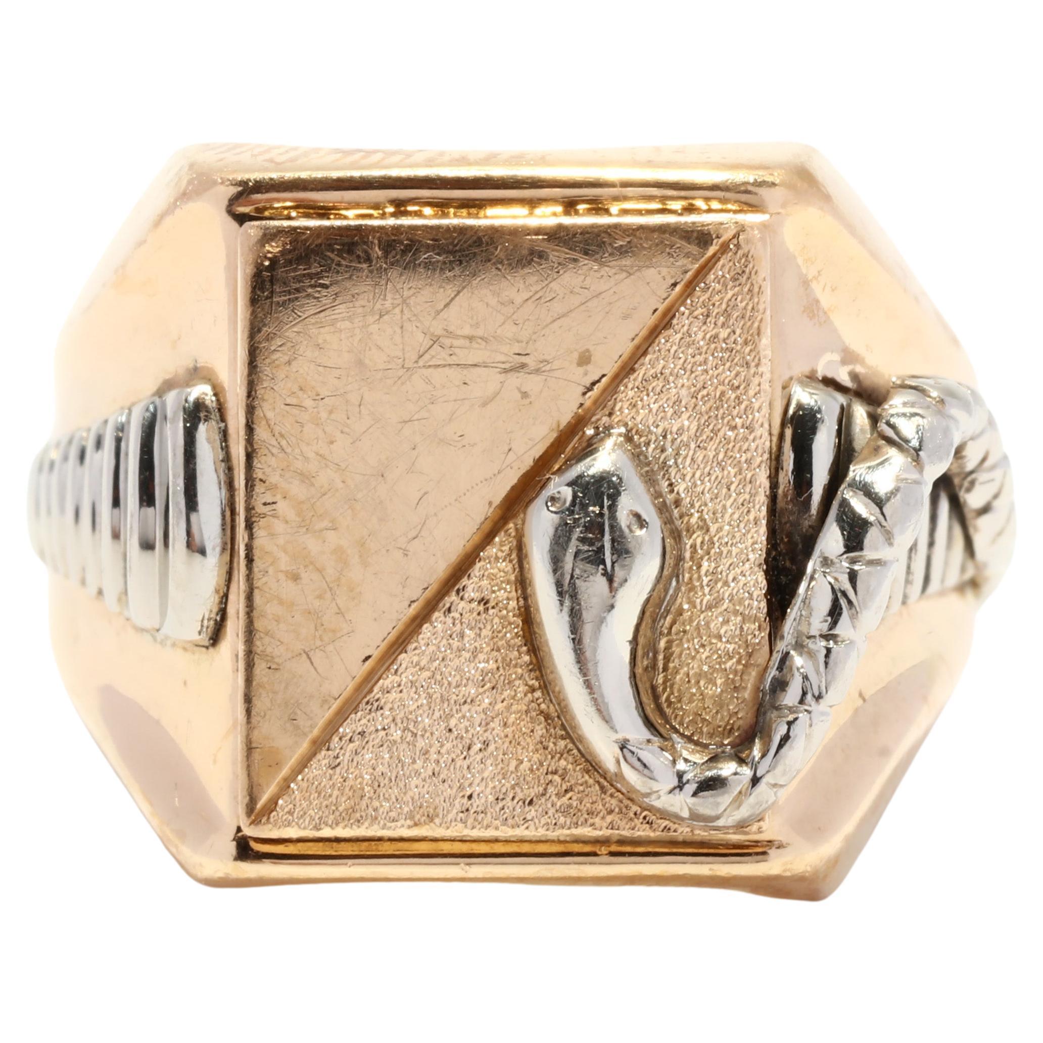 Bi Color Gold Rechteckiger Siegelring mit Schlangenschlangen, 18KT Gold, Ring im Angebot