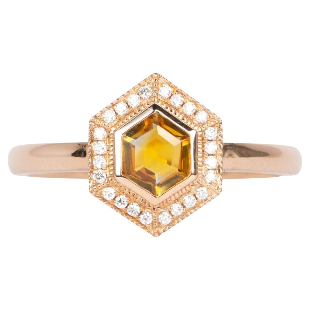 Bi-Color Hexagon Montana Sapphire Diamond Halo 14k Rose Gold Engagement Ring For Sale