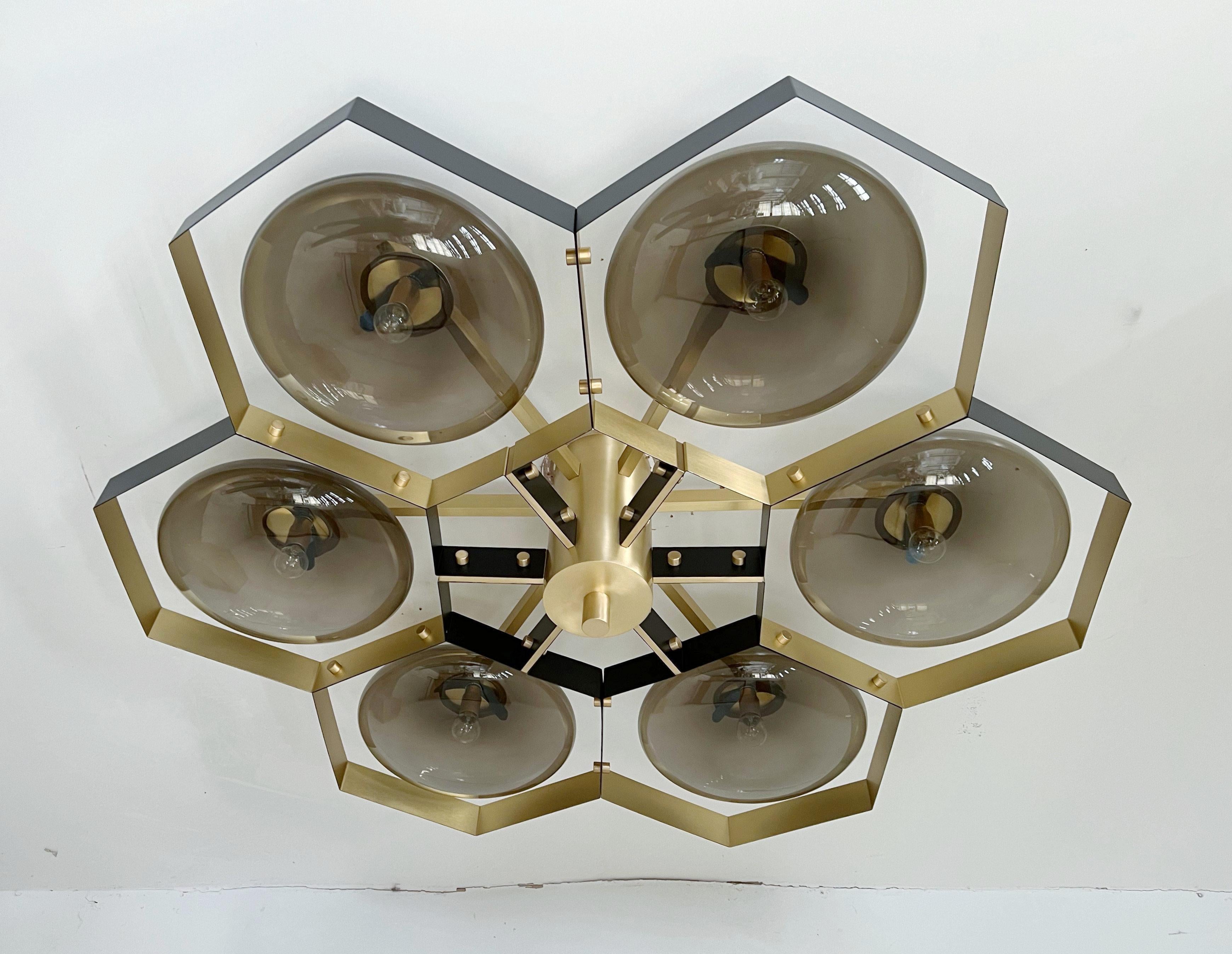 Italian flush mount with Murano glass shades mounted on solid brass frame / Made in Italy
Designed by Fabio Ltd, inspired by Angelo Lelli and Arredoluce styles
6 lights / E12 or E14 / max 40W each
Measures: Diameter 43 inches / height 10