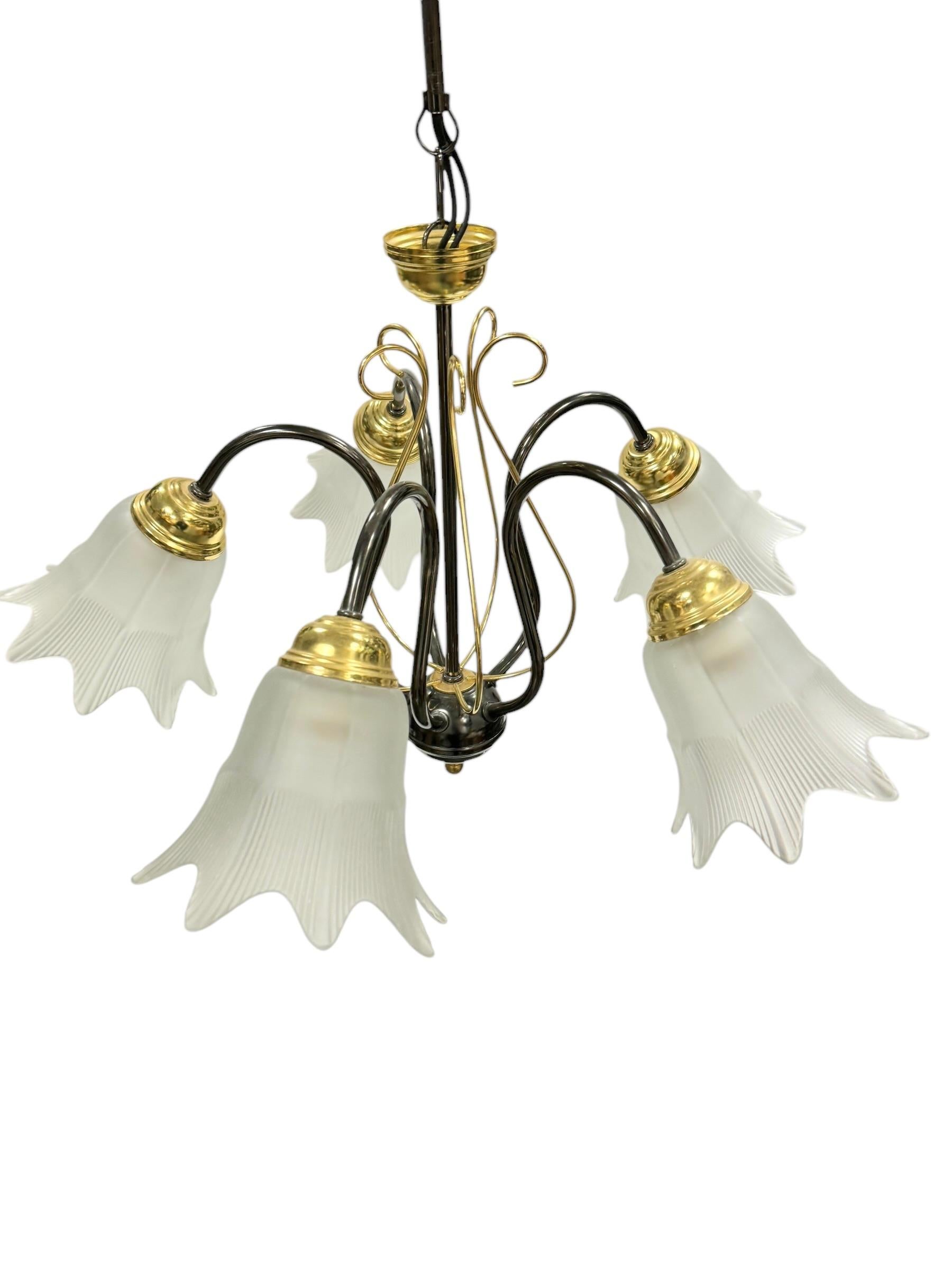 Bi Color Metal Chandelier with Flower Glass Shades Massive Leuchten Germany For Sale 11