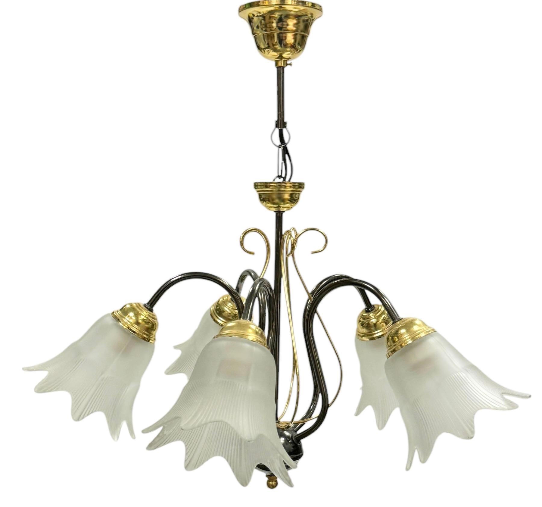 Beautiful chandelier or pendant light by Massive Leuchten, Germany. An original vintage item manufactured in the 1980s. It is made of brass and black colored polished nickel. The Fixture requires five European E14 / 110 Volt Candelabra bulbs, each