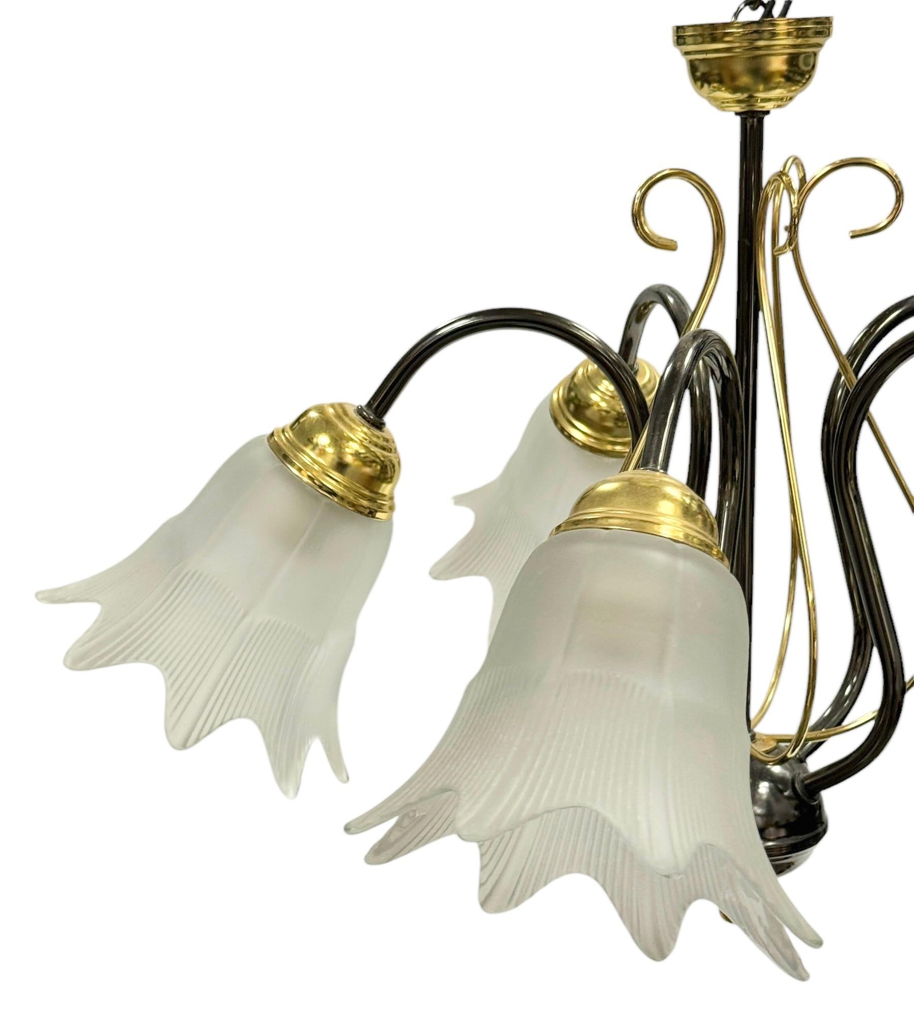 Hollywood Regency Bi Color Metal Chandelier with Flower Glass Shades Massive Leuchten Germany For Sale