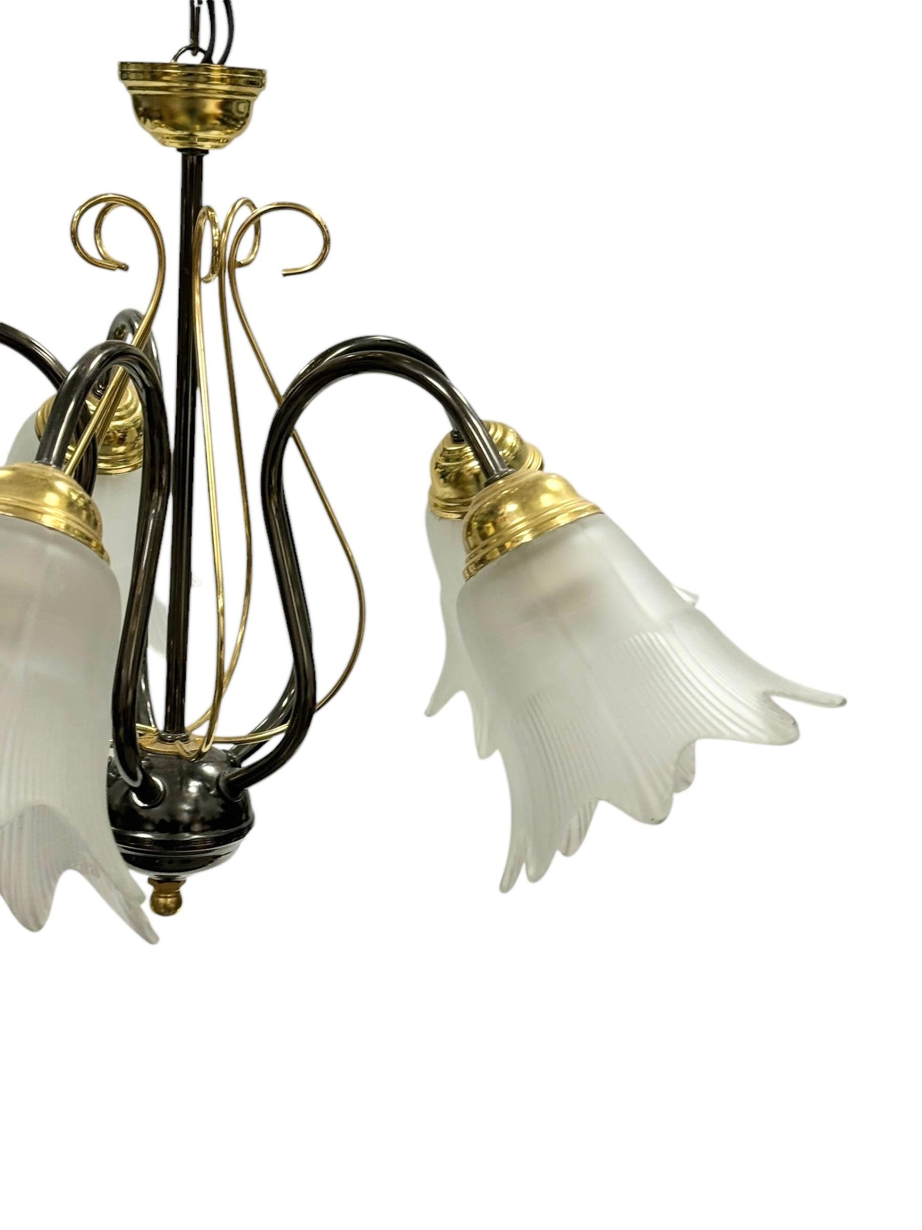 Late 20th Century Bi Color Metal Chandelier with Flower Glass Shades Massive Leuchten Germany For Sale